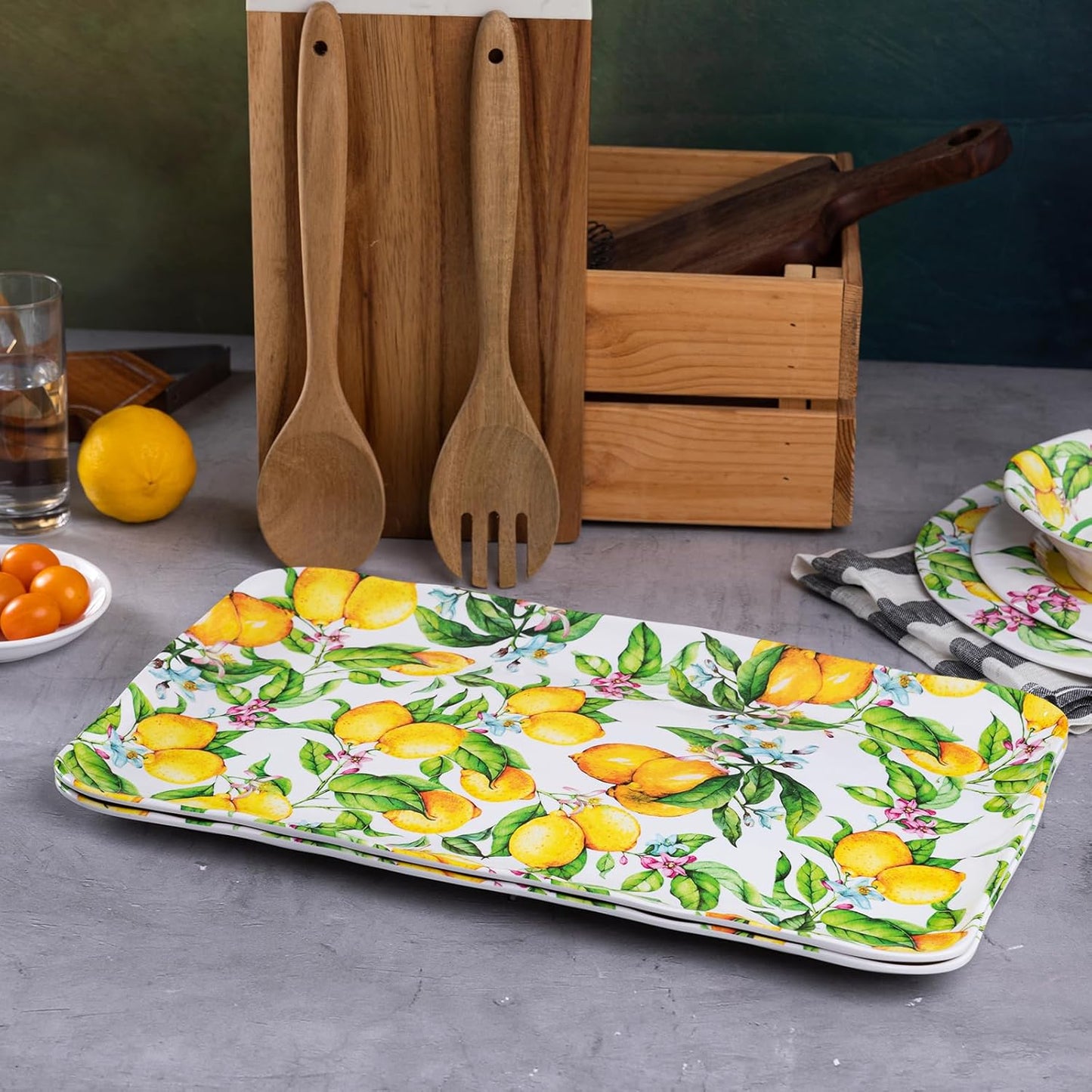 LEHAHA Melamine Lemon Large Rectangular Serving Tray/Platters Set of 2, 17.5" x 10", 2-Piece Melamine Platters Serving Set,Dishwasher Safe