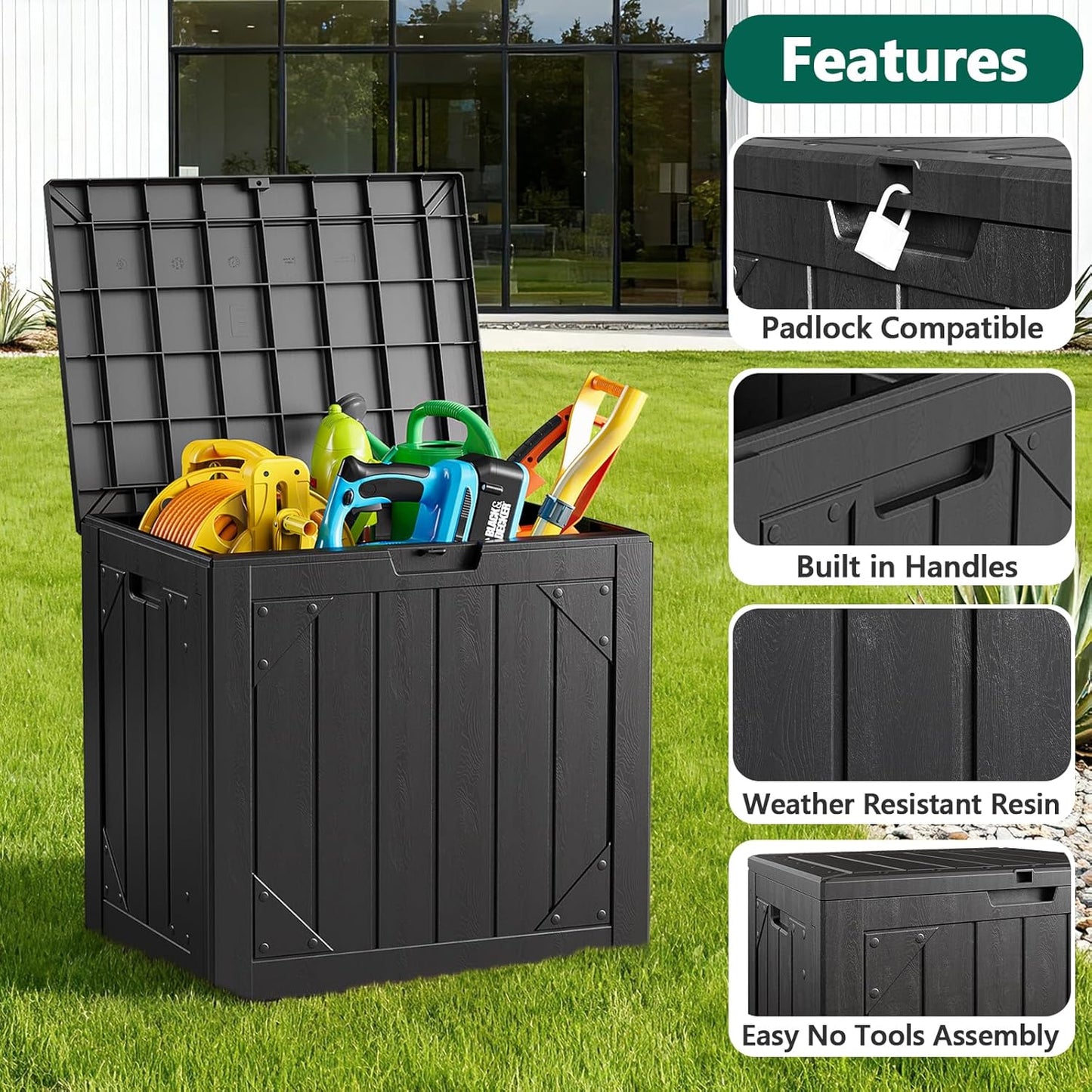 31 Gallon Outdoor Storage Box, Lockable Resin Deck Box for Patio Cushions, Throw Pillows, Garden Tools, Weatherproof Outdoor Storage Bench for Yard, Porch, or Balcony