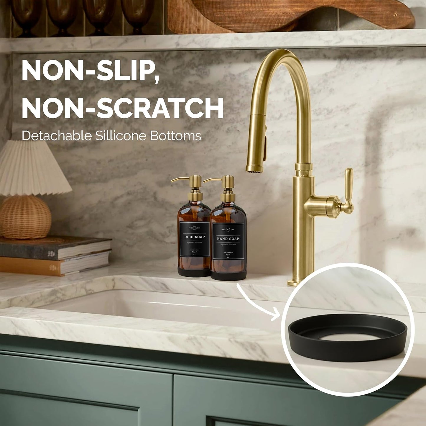Vine Creations Amber Glass Soap Dispenser, 2 Pack Kitchen Soap Dispenser Set with Stainless Steel Pump, 16 oz Hand Soap and Dish Soap Dispensers for Kitchen or Bathroom with Waterproof Labels