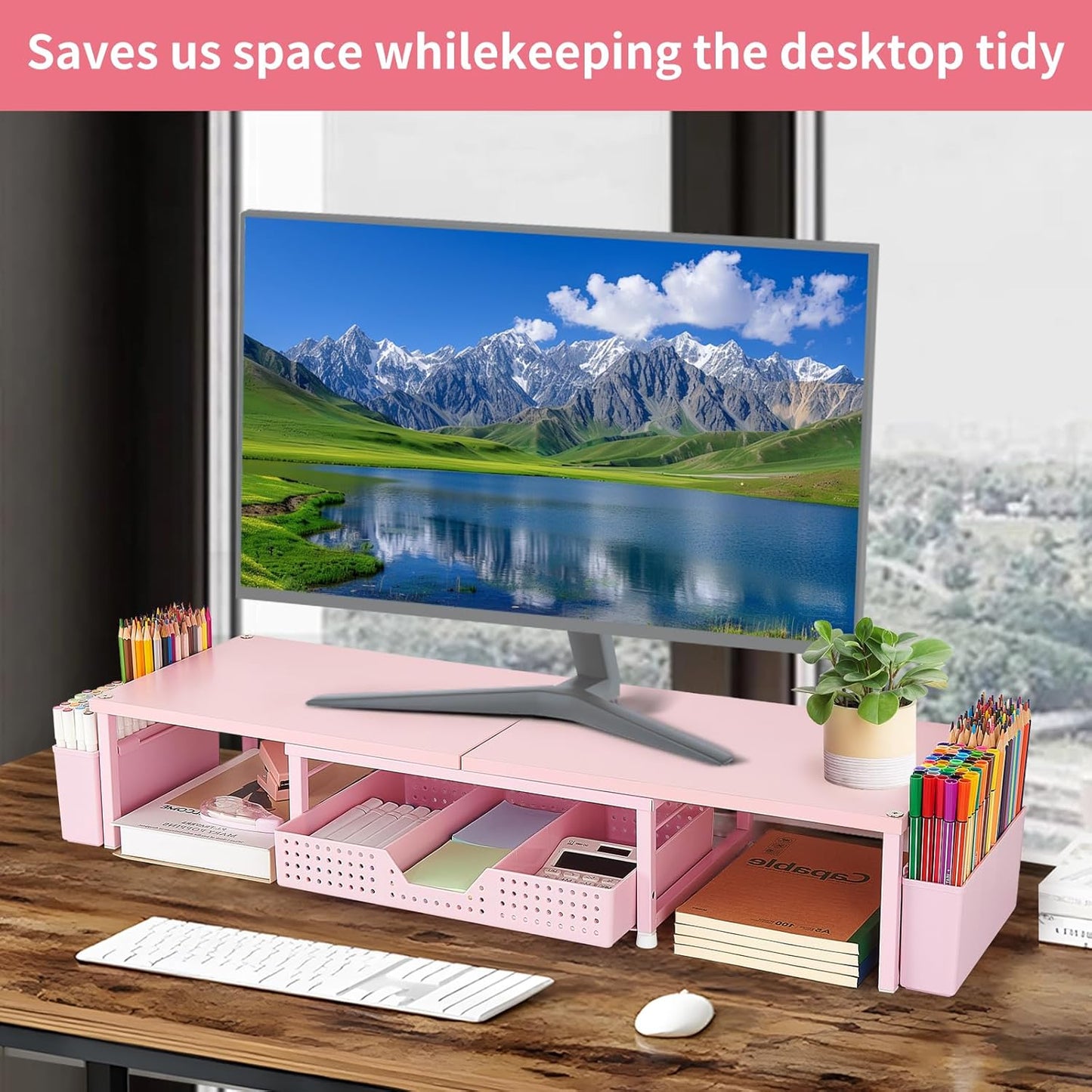 OPNICE Wood Desk Organizers and Accessories, Dual Monitor Stand Riser with Drawer and 2 Pen Holders, Desk Shelf Computer Racks for Office Workspace Organizers, Desktop Organization (Pink)