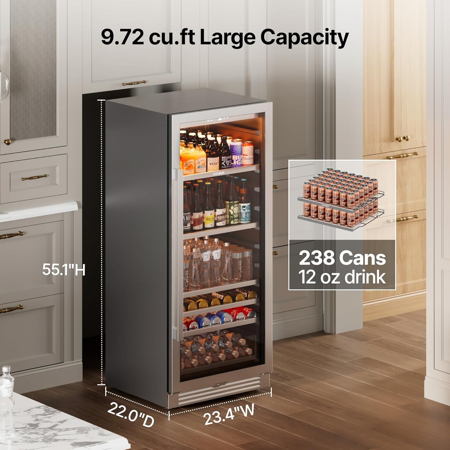 Ca'Lefort 24 Inch Beverage Refrigerator, 238 Cans Tall Beverage Fridge with Glass Door, 40-65°F Drink Fridge with 3 LED for Bar/Kitchen/Office, Freestanding or Built-In Beer Cooler for Beer/Soda/Wine