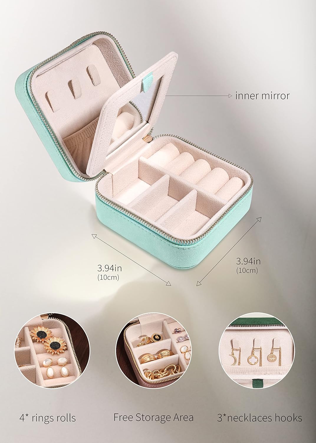 S.Leaf Travel Jewelry Organizer Boxes for Women Small Portable Necklace Earrings Bracelet Rings Travel Case Best Friend Birthday Gifts for Women Trendy (07_Suede_Touch_Mint_Green)