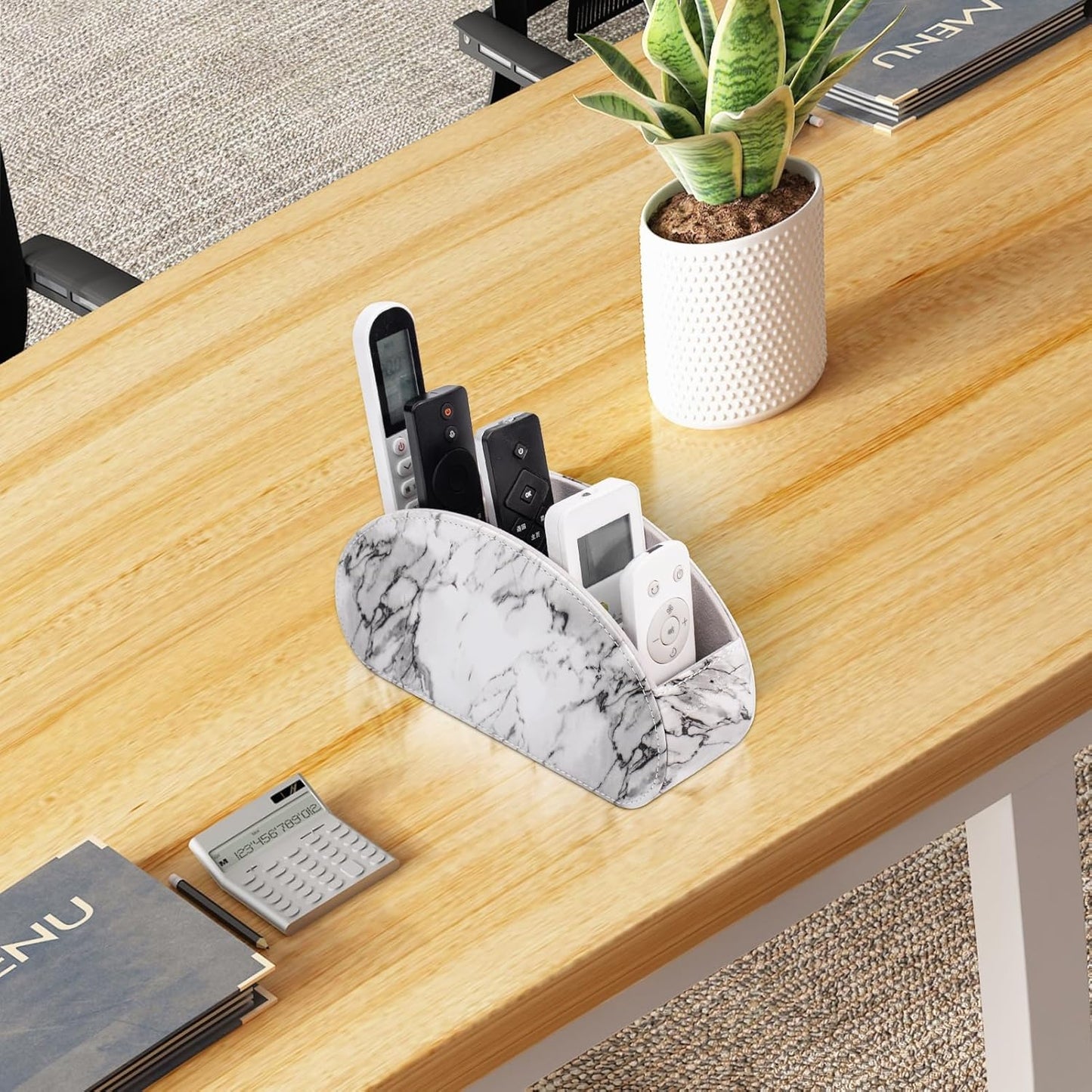 Remote Control Holders Organizer Box with 5 Compartment PU Leather Multi-functional Office Desk Storage Caddy Store Tv Remote for Media Player,Brush,Pencil,Glassees&Office Supplies (Marble)