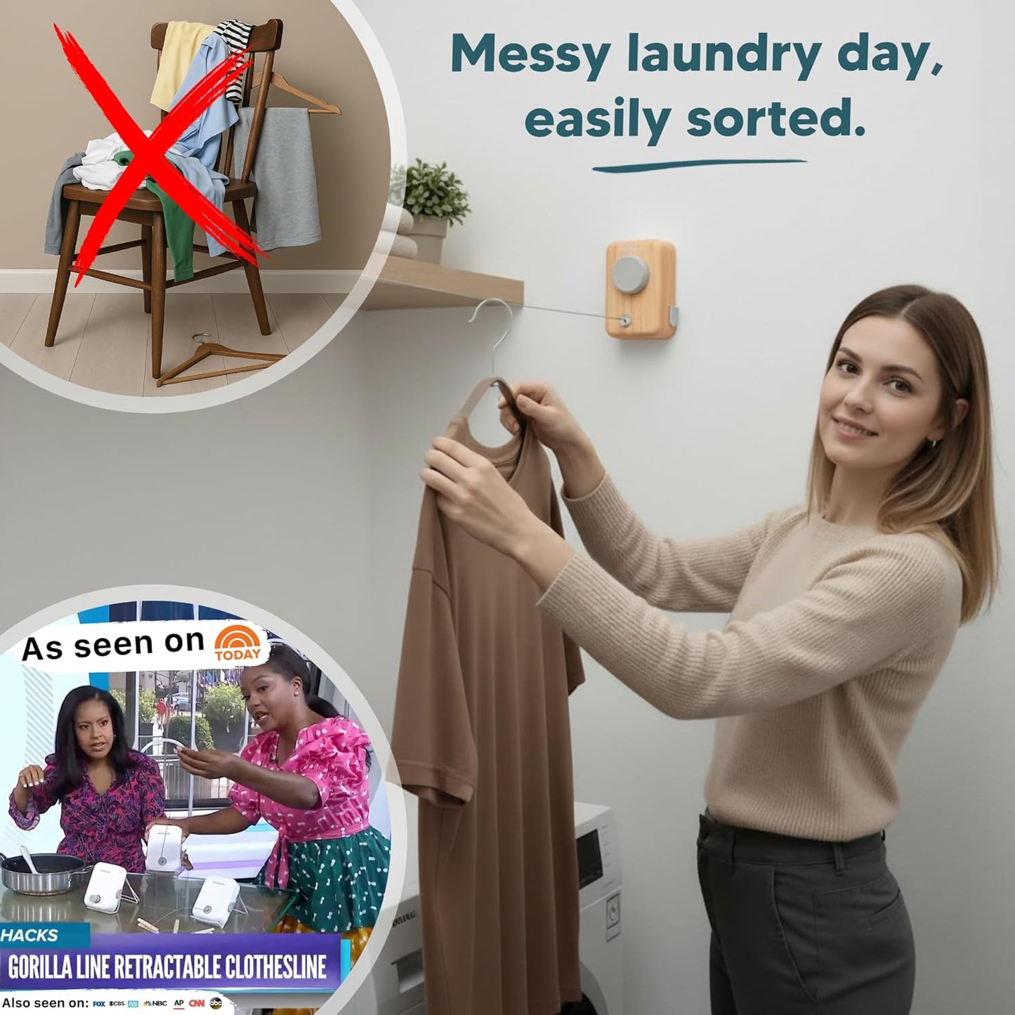 GorillaLine Max - Retractable Clothesline Indoor Outdoor Clothes Line - Heavy Duty Clothes Drying Laundry Line - Wall Mounted Drying Rack - Air Dry Clothing - Max Tighten with GorillaGrip