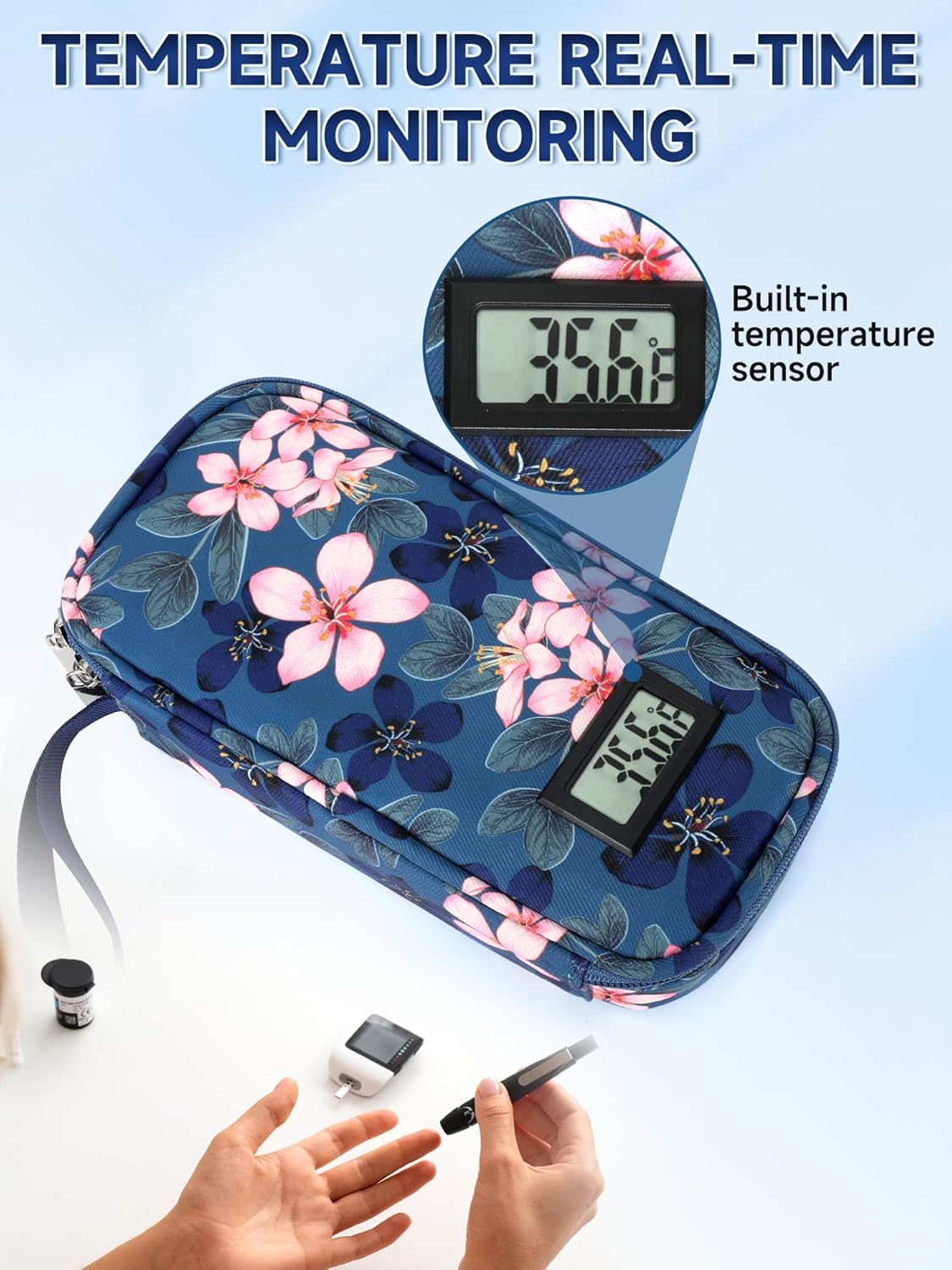 YOUSHARES Insulin Cooler Travel Case for Pen & Vials, Temperature Display Diabetic Medication Cooling Bag with Protective Ice Brick, TSA Approved Refrigerated Diabetes Supplies Carrying Organizer