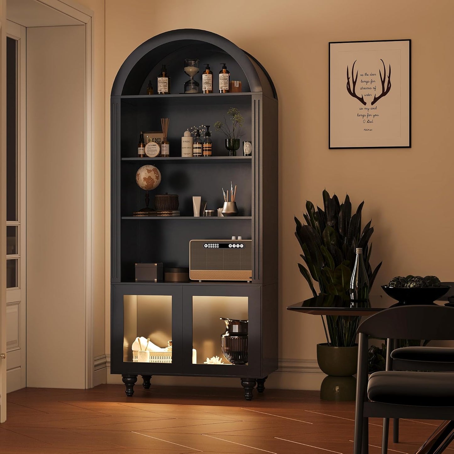 Wooden Arched Display Storage Cabinet with Glass Door, LED Lights,Showcase for Collections, Perfume, Vinyl Albums, Bookcase for Home Office, Living Room, Clinic, Pantry (Black-Arched top)