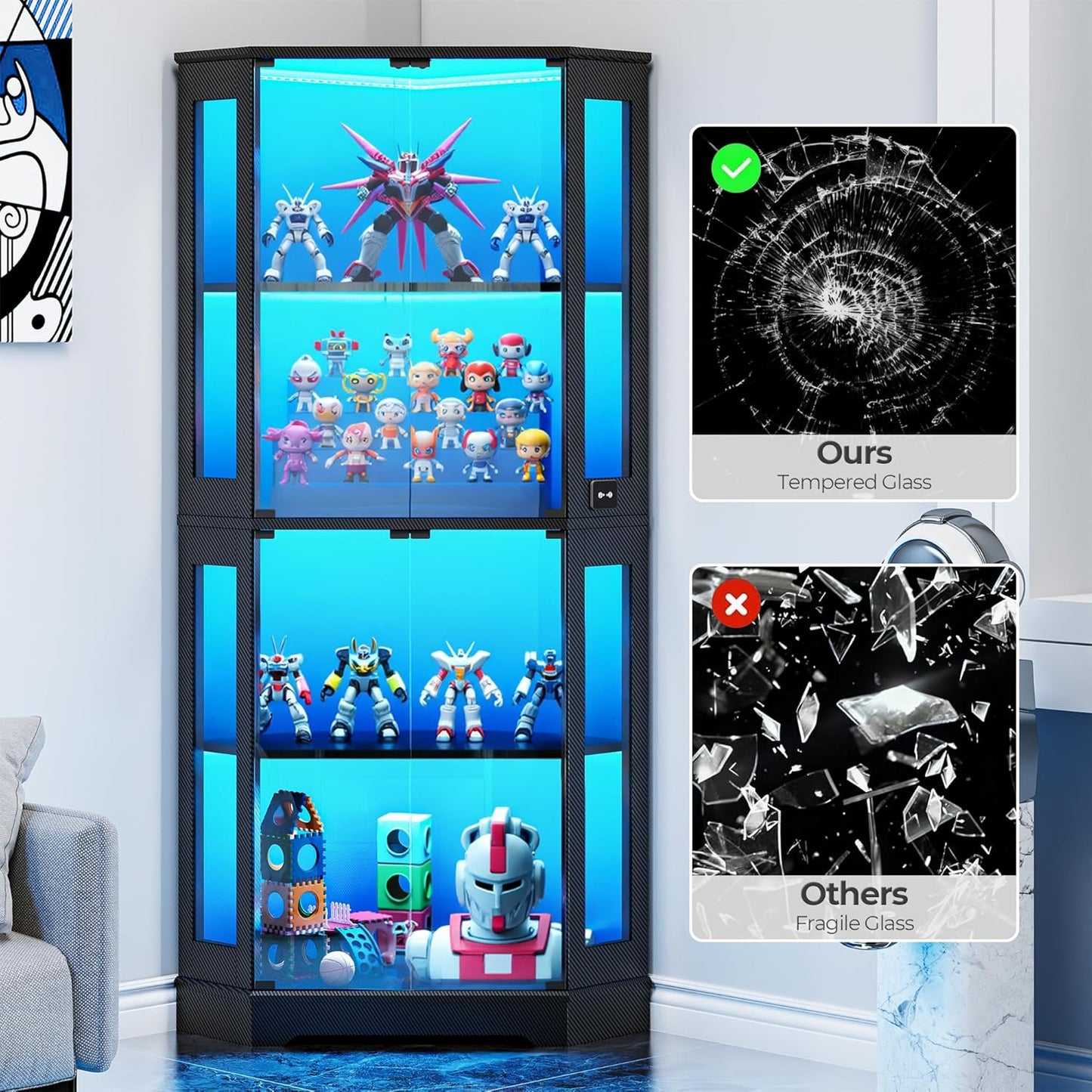 IRONCK 71 Inch Carbon Fiber Corner Glass Display Cabinet with Human Body Sensor & 6-Color LED Lights, 4-Tier Tempered Glass Display Case with 2 Adjustable Shelves for Collectibles, Toys, Black
