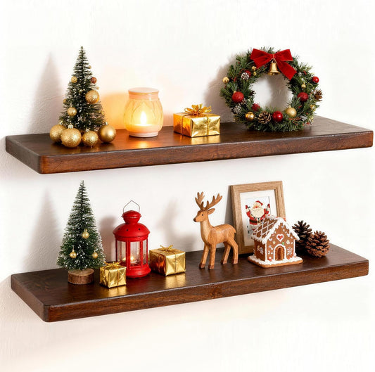 24" Rustic Walnut Wood Floating Shelves, 8 Inch Deep Wall Shelves for Home Decor, Wall Mounted Floating Shelf with Invisible Bracket, Heavy-Duty Storagefor Living Room, Bedroom, Kitchen, Set of 2