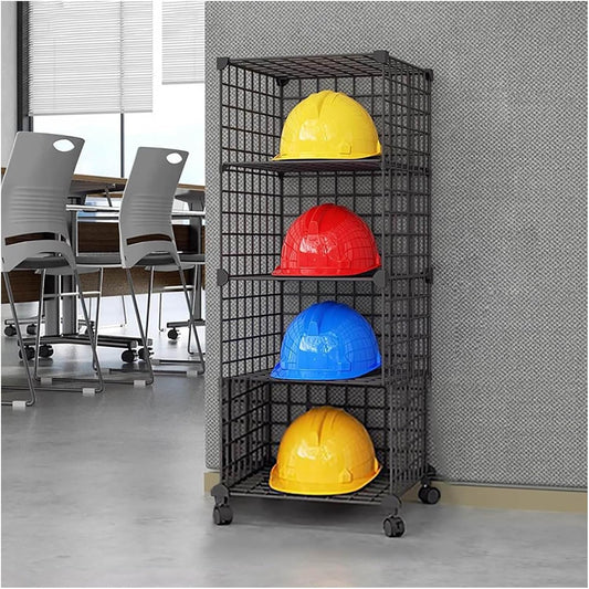 Stackable Safety Helmet Storage Boxes, Large Adjustable Hard Hat Placement Organizer Rack,with Wheels,for Construction Site/Garage/Workshop/Factory Helmet Display Shelf (Black, 4 Grids-1 * 4)