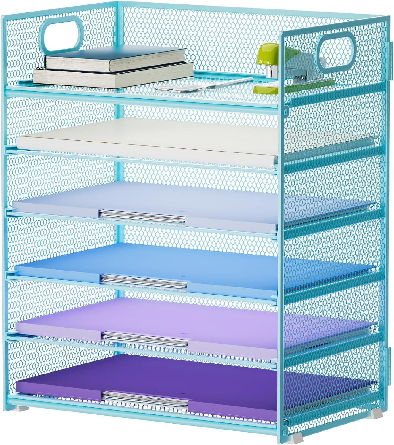 Marbrasse 6 Tier Paper Organizer Letter Tray - Mesh Desk File Organizer with Handle, Paper Sorter for Letter/A4 Office File Folder Holder -Blue