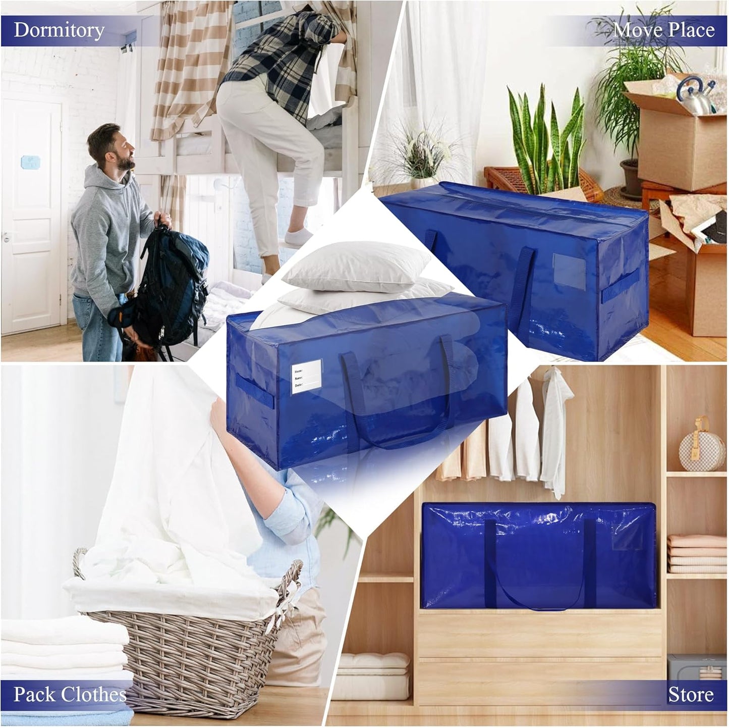 8 Pack Heavy Duty Extra Large Moving Bags with Handles,Waterproof Foldable Storage Totes,Clothing Storage Bags,Packing Moving Boxes for College Supplies & Seasonal Storage, Blue