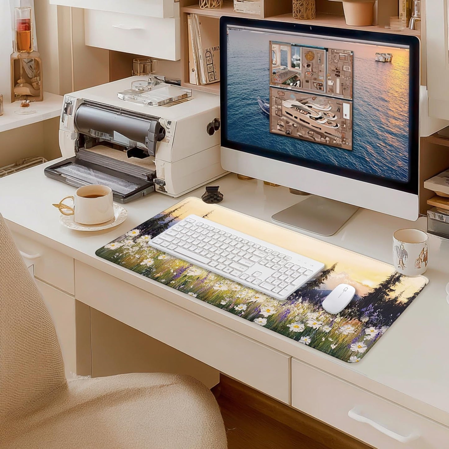 Vintage Watercolor Floral Large Mouse Pad 31.5x15.7inch, Retro Nature Cottagecore Flower Large Extended Computer Desk Mat Mousepad for Keyboard and Mouse, Floral Desk Accessories