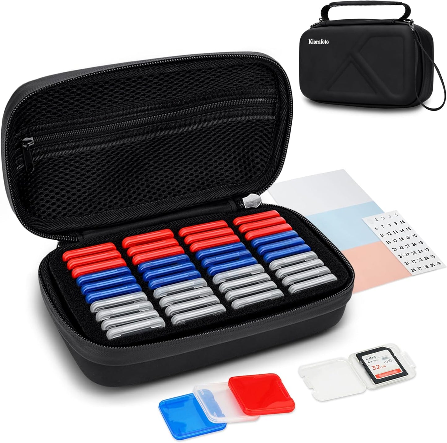 EVA PU SD Card Case with 40 PCS Individual Plastic Memory Card Holder for 40 SD SDXC SDHC Cards,Dual Protect Water-Resistant Anti-Shock SD Card Carrying Case Organizer with Handle & Labels