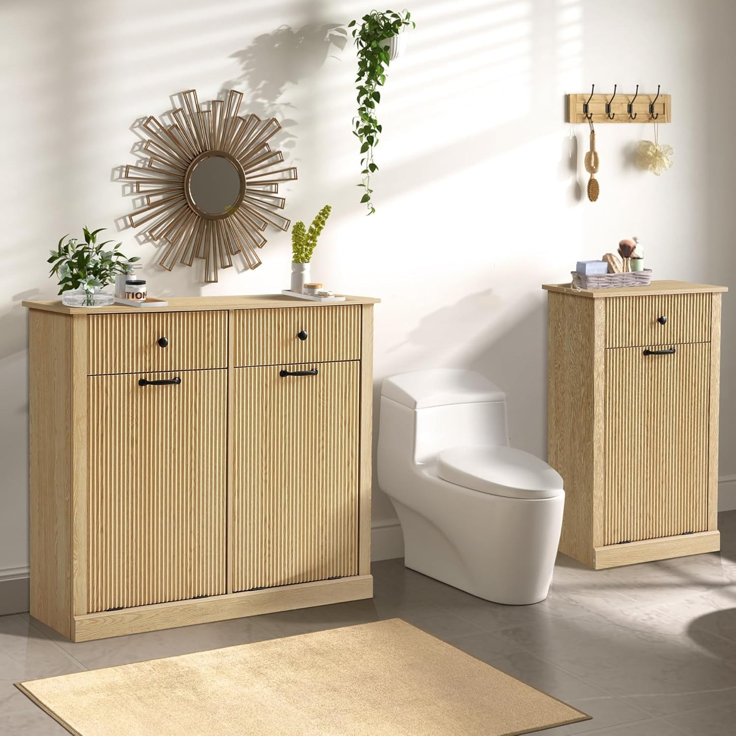 Grepatio Tilt Out Fluted Laundry Hamper Cabinet, 22 Gallon Double Hidden Laundry Hamper, Wooden Trash Can Cabinets with 2 Drawers, Modern Garbage Can Cabinet for Bathroom, Kitchen (Natural, Double)