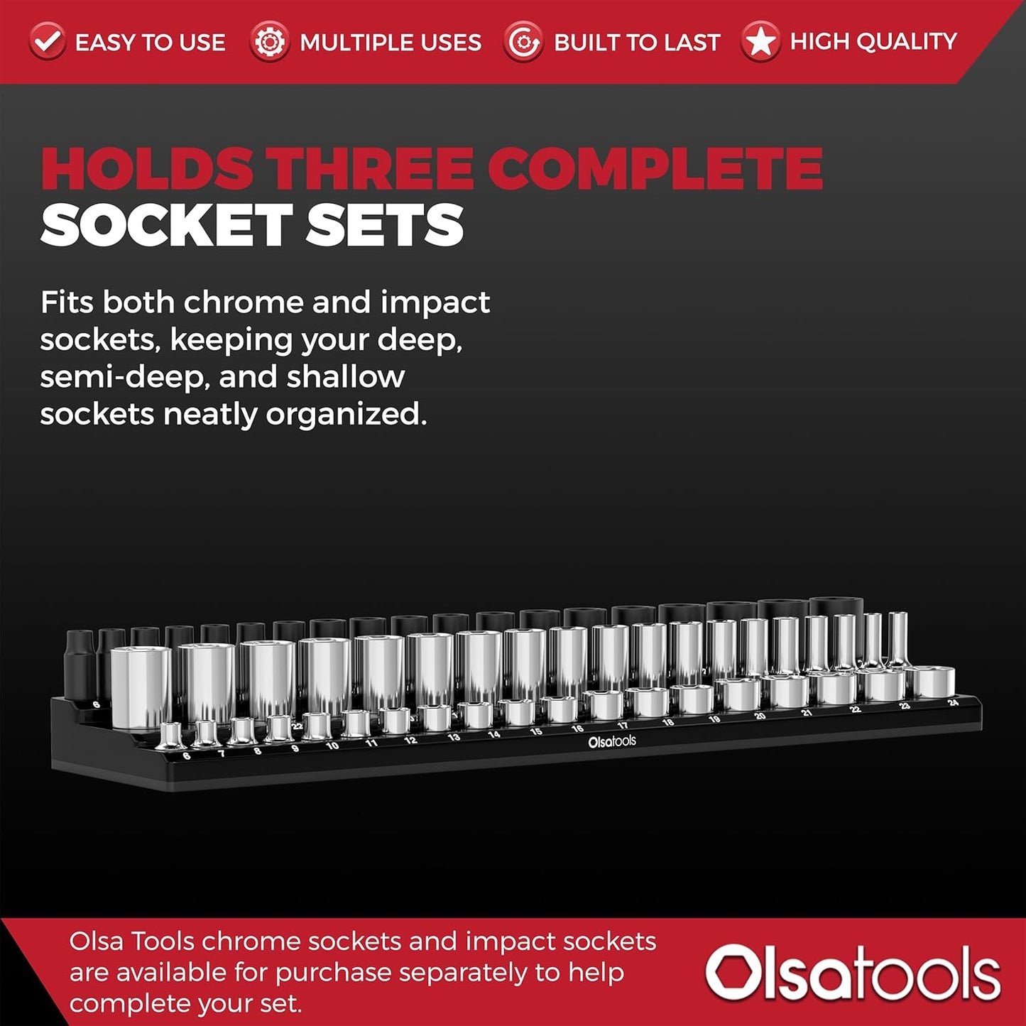 Olsa Tools Magnetic Socket Organizer (3/8-Inch Drive, 3 Row) - Magnetic Tool Organizer & Socket Holder - Tool Box Socket Organizers - Metric Black - Holds 54 Sockets - Professional Grade - Part: 1553