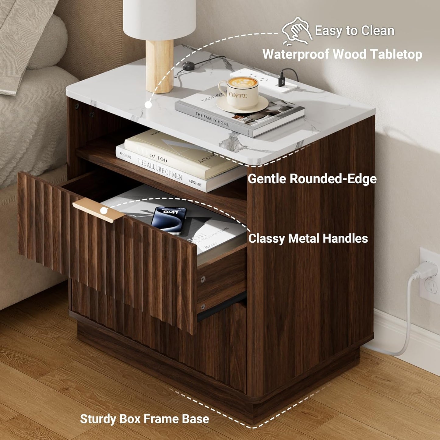 Large Fluted Night Stand Set of 2 with Charging Station, 23" Modern End Table with Faux Marble Top, 2 Drawers Side Table with Storage, Nightstand for Bedroom, Curved Profile Design (Walnut)