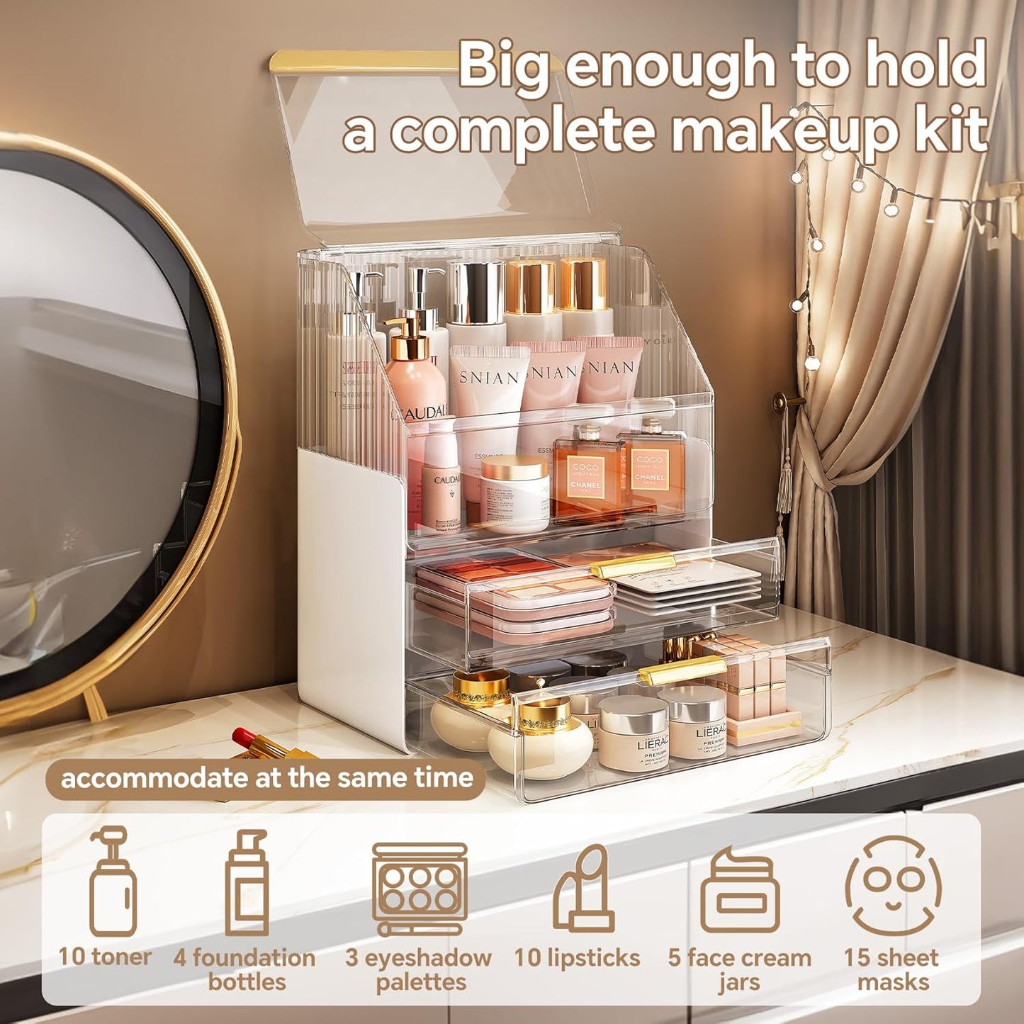 Makeup Organizer Countertop with Lid, Skincare Organizers for Vanity, 3 Tiers Clear Makeup Storage Cosmetic Display Cases Holder for Bedroom Bathroom Dresser Desk Countertop