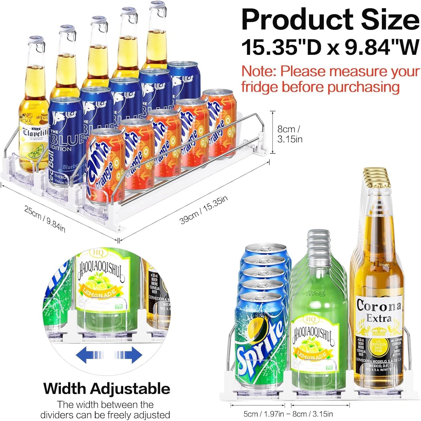 Drink Organizer for Fridge, Automatic Pusher Soda Can Dispenser for Refrigerator, Adjustable Width Holds up to 15 Cans Fridge Drink Organizer for Beer Beverage-3Row 15.3" D x 9.9" W