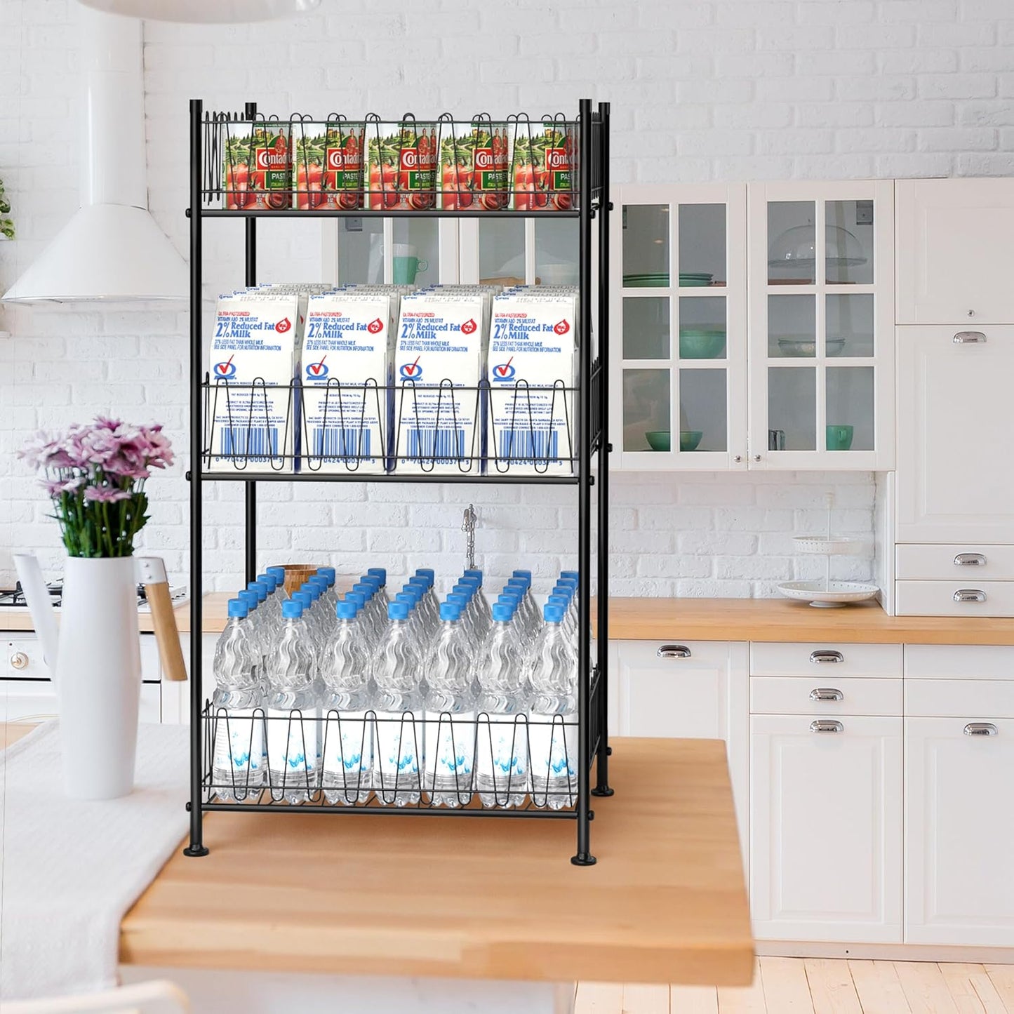 smusei 3 Tier Drink Organizer for Pantry Water Bottle Storage Rack, Multifunctional Drink Storage Free Standing Bottled Water Holder Beverage Soda Can Tumbler Dispenser Stand for Kitchen