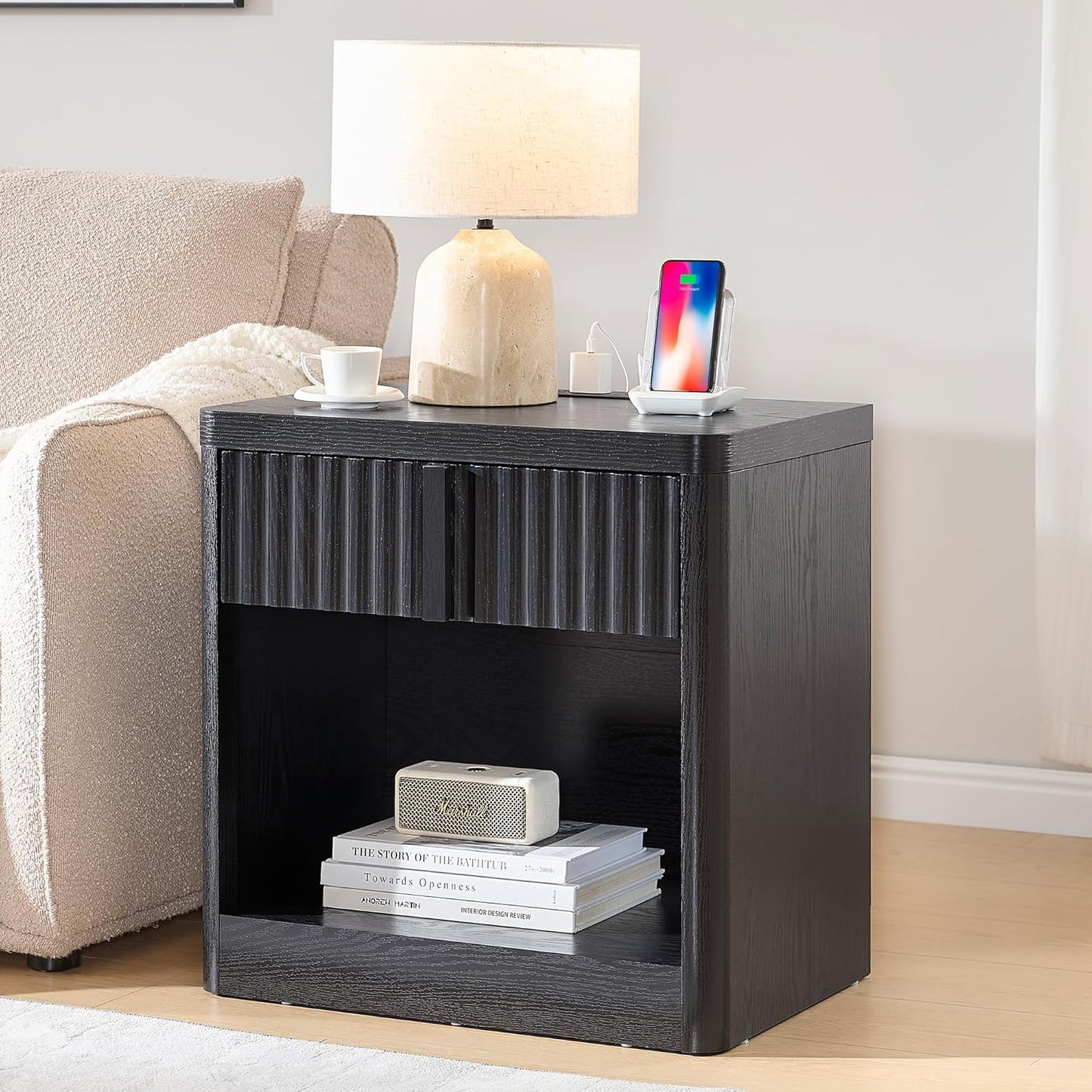 Fluted Nightstand Set of 2 with Charging Station, 23.6" End Table with Open Shelf and Drawers Storage, Bedside Table with Solid Wood Handle, Curved Profile Design, Night Stand for Bedroom