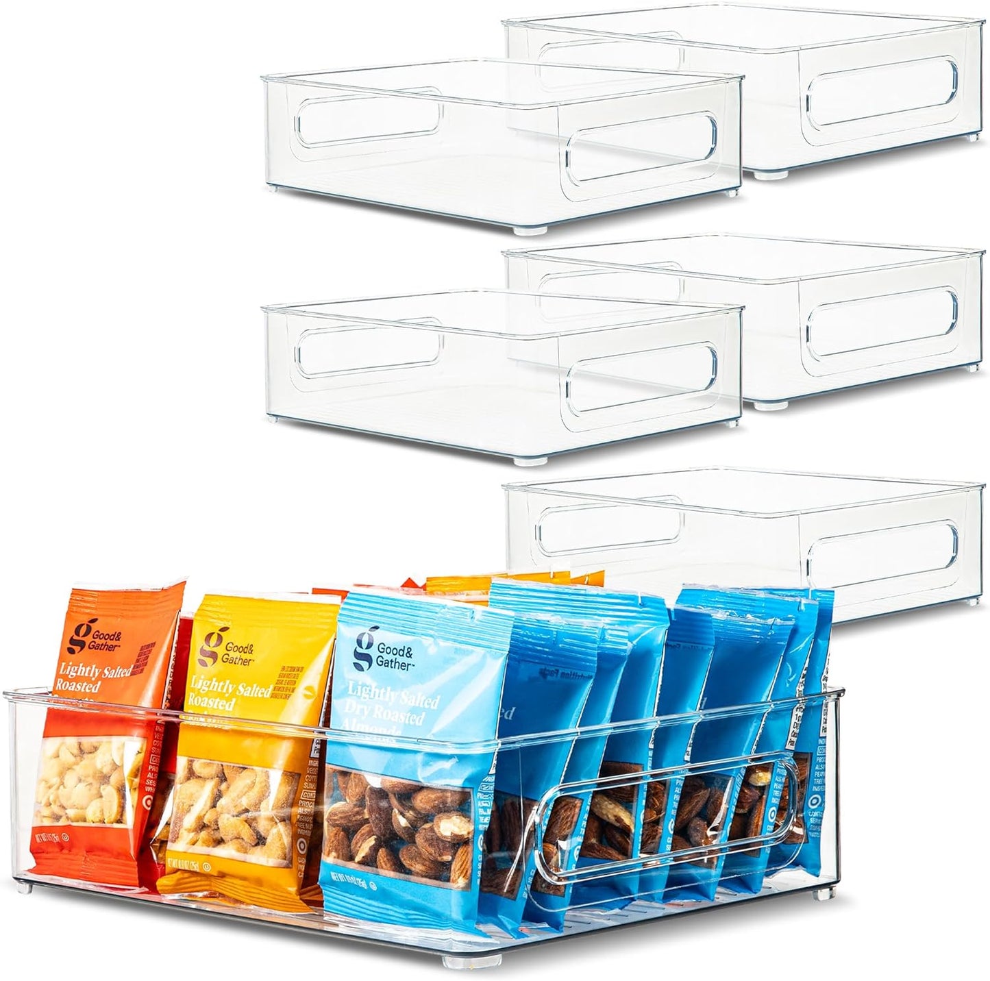 primebox Plastic Food Storage 6 Pack Clear Container Bin with Handles for Organizing Kitchen, Pantry, Refrigerator, Freezer, Pantry, Cabinet, Closet, Bathroom. Stackable 10”x8”x3”