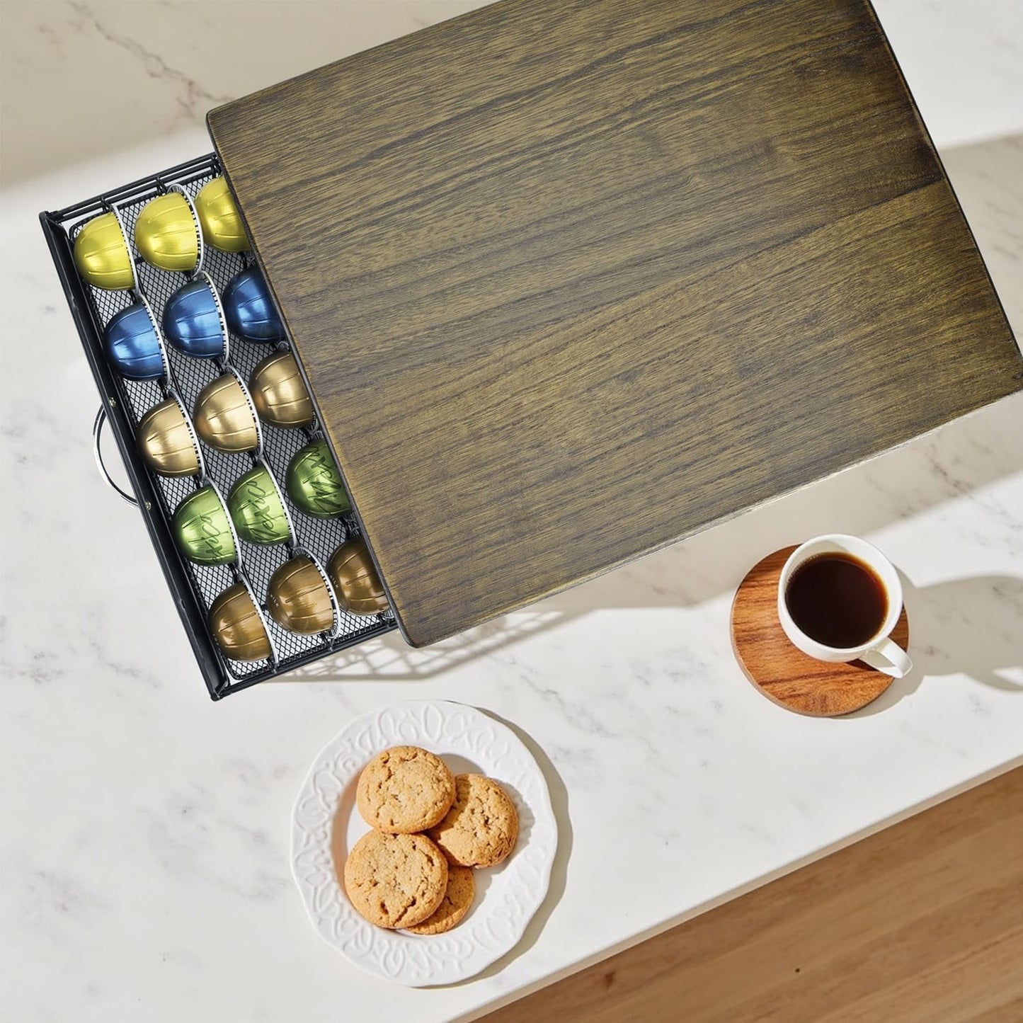 for Vertuo Coffee Capsule Storage Drawer Compatible with Nespresso Vertuoline Pods Holder Metal and Wood Top Organizer (can hold 50 Pods)