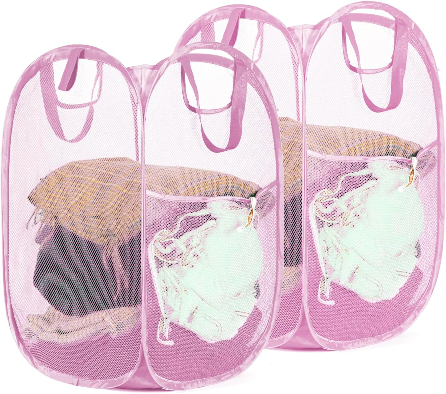 2 Pack Strong Mesh Pop-up Laundry Hamper, Quality Pop Up Hampers for Laundry with Durable Handles Solid Bottom High Carbon Steel Frame, Easy to Open and Fold Flat for Storage(Light Pink)
