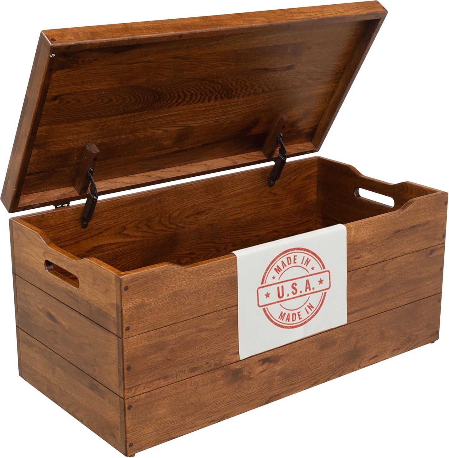 Amish Made Wooden Storage Chest Trunk Box with Lid and Handles for Bedroolanket, Clothes, Anti-Slam Hinges, Handmade, Rustic Hickory Wood, Asbury Stain, 42"