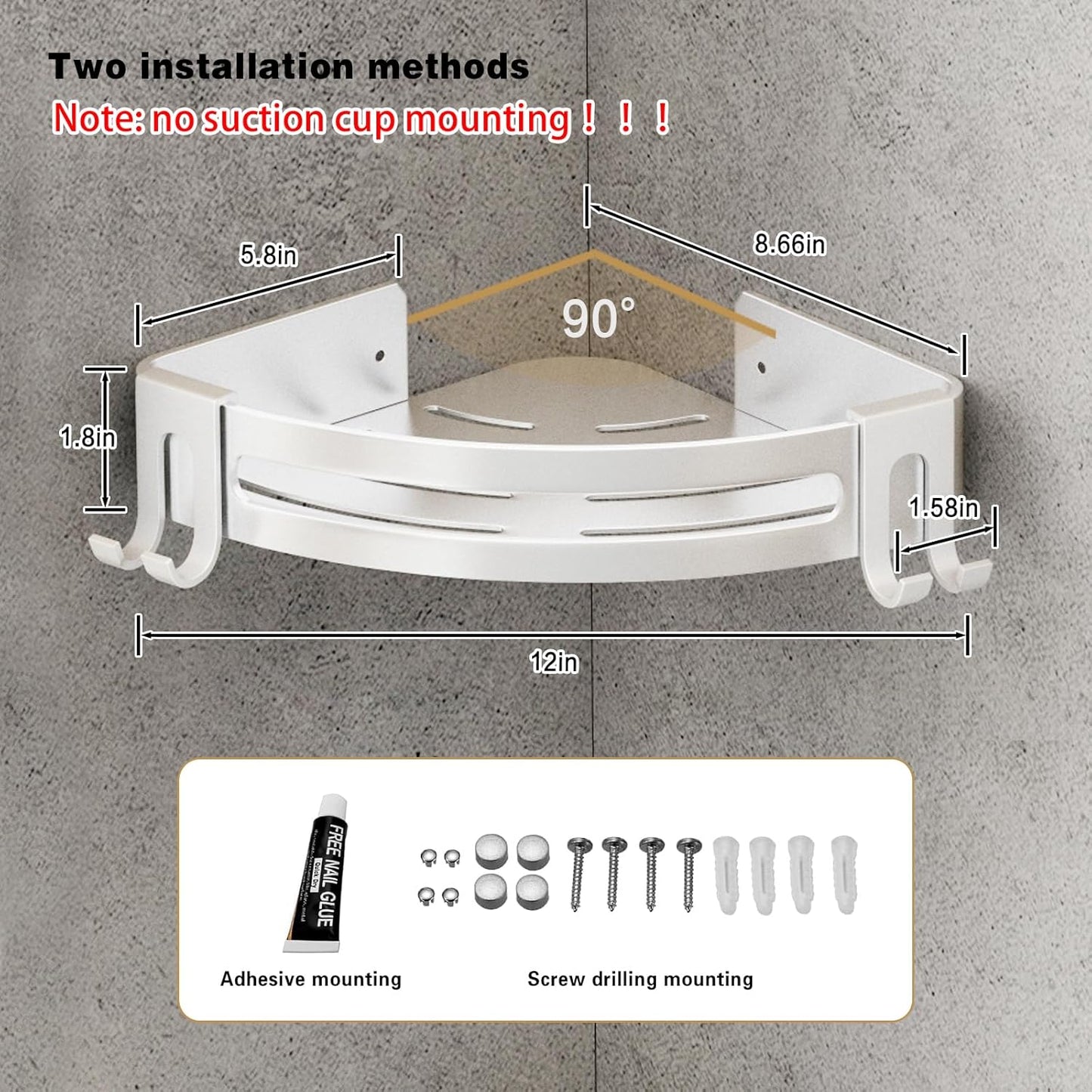 VOLPONE Shower Corner Shelf Caddy 2 Pack shower Organizer No Drill (adhesive mounting, no suction cup) Shower Storage Rust Proof Bathroom Corner Wall Shelf shampoo holder Silver