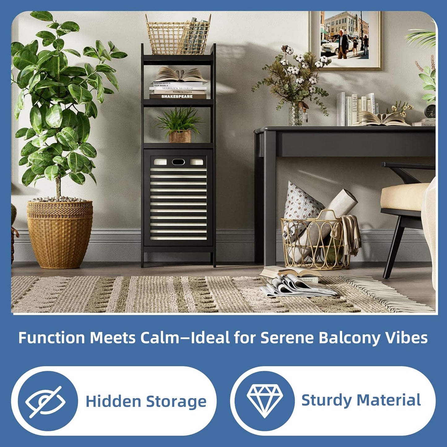 HITNET Tilt Out Laundry Hamper, Bamboo Bathroom Cabinet with Pull Out Removable Bag and 3 Tier Storage Shelves, 8.5 Gallon Clothes Basket with Metal Handle, Black