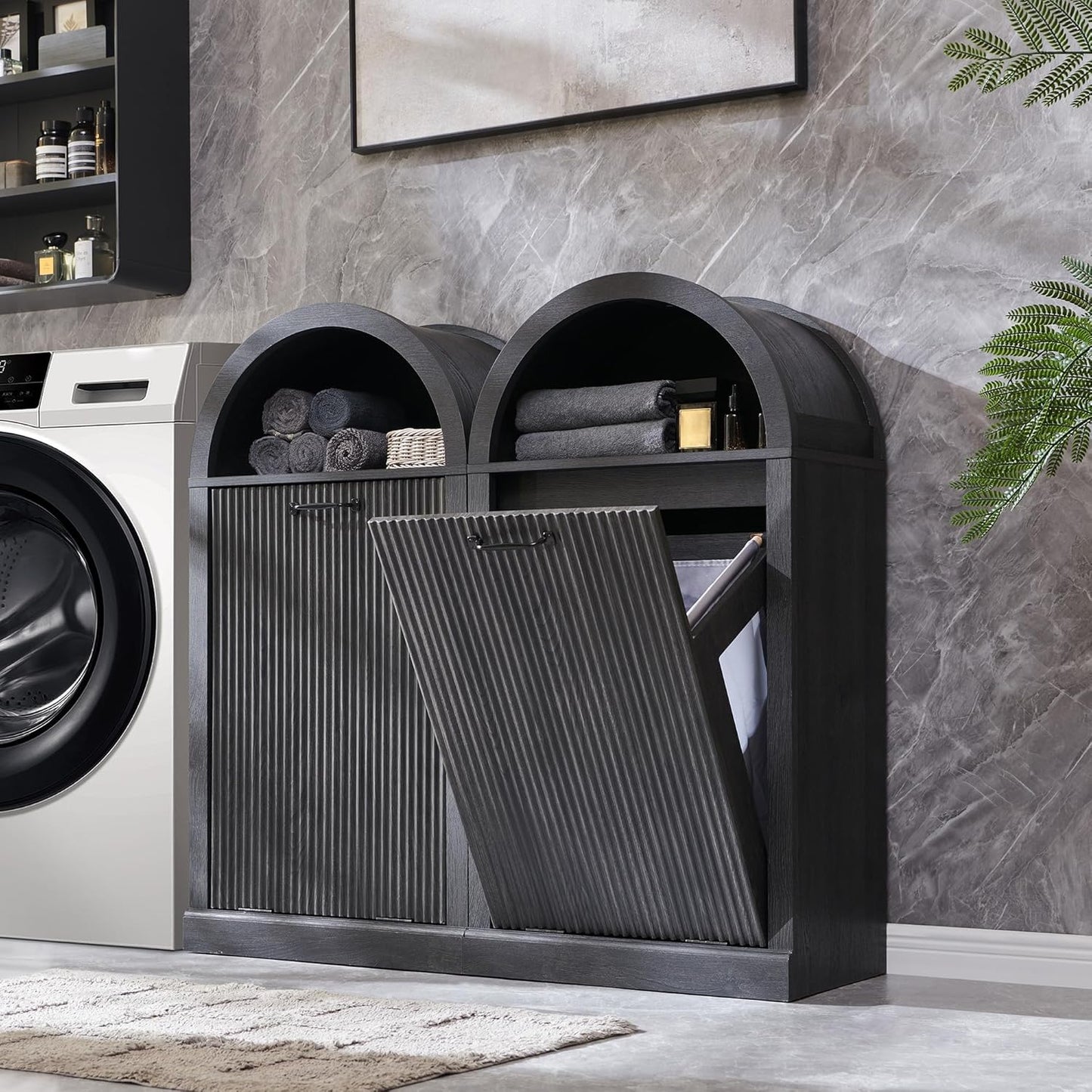 Arched Tilt-Out Trash Can Cabinet, Fluted 10 Gallon Trash Can Cabinet Set of 2, Modern Laundry Hamper Cabinet, Hidden Garbage Can with Storage Basket for Kitchen, Living Room, Dark Grey