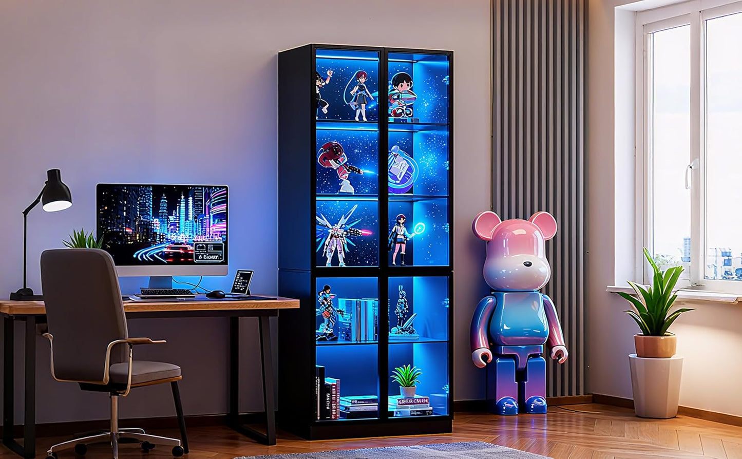 79'' Tall Glass Display Cabinet with LED Lights,Showcase with Glass Doors,5-Tier Curio Cabinet for Collectibles Bookcase,Storage Shelf, Bookcase (Black- 5 Layers, Large)