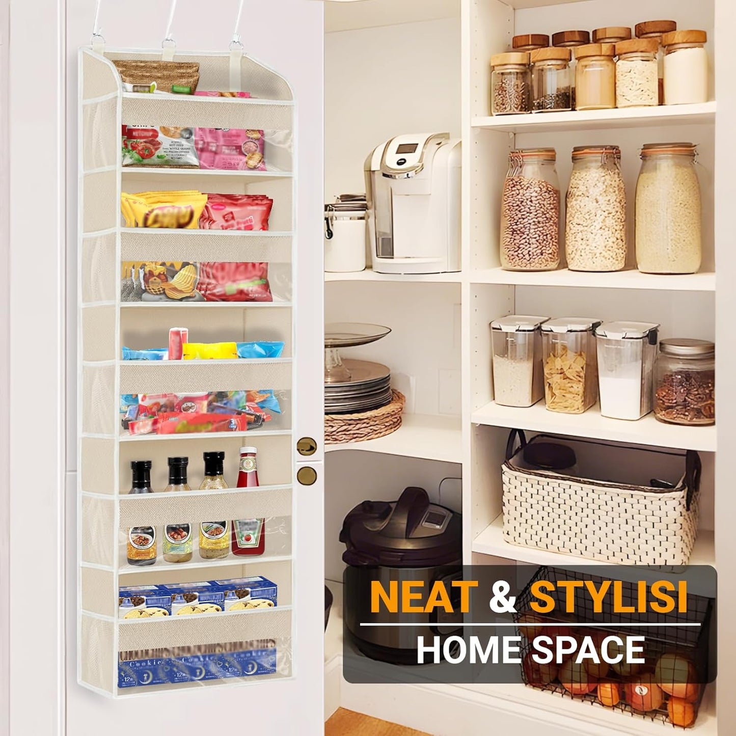 5 Layers Over The Door Organizer with Clear Window, 10 Mesh Side Pockets and 3 Hooks, 1 Pack Large Pockets Heavy Duty Hanging Storage for Bedroom/Bathroom/Pantry/Nursery, Kids Toys, Shoes(Beige)