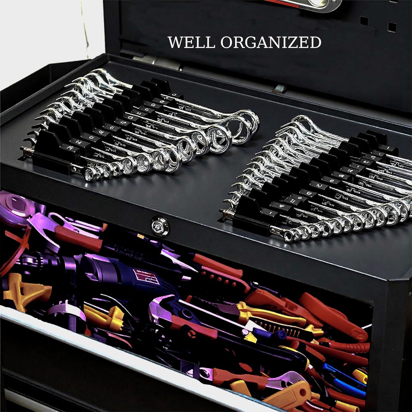92 Pack Magnetic Wrench Organizers for Toolbox Drawers - Heavy Duty Modular Wrench Rack with Metric & SAE Labels - Wrench Holders Organizers for Professional Tool Storage (Black)