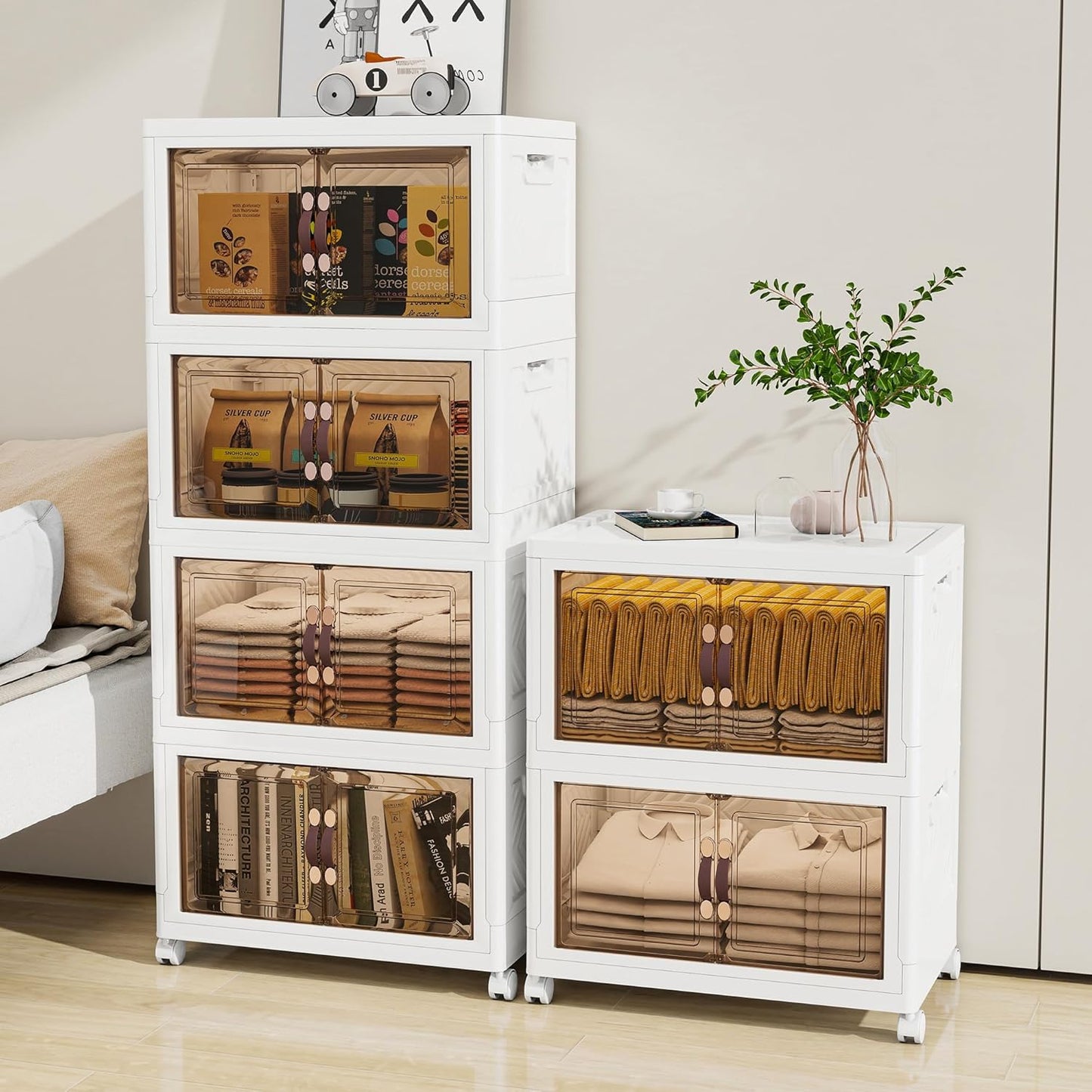 Storage Bins with Lids and Wheels, Collapsible Bathroom Storage Cabinet with Clear Doors, Plastic Stackable Closet Organizers and Storage Containers White 90 QT