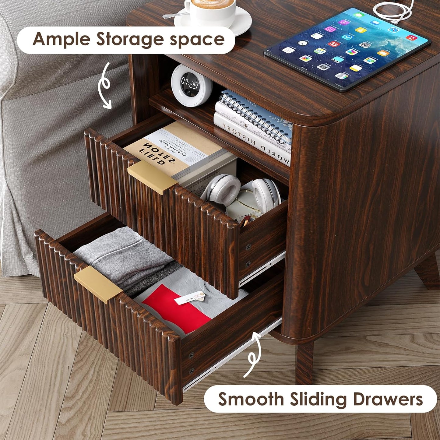 Nightstand with Charging Station, Fluted Nightstand with LED Lights, Modern Rustic Side Table with 2 Storage Drawers, Wooden End Table for Bedroom, Walnut 2pcs