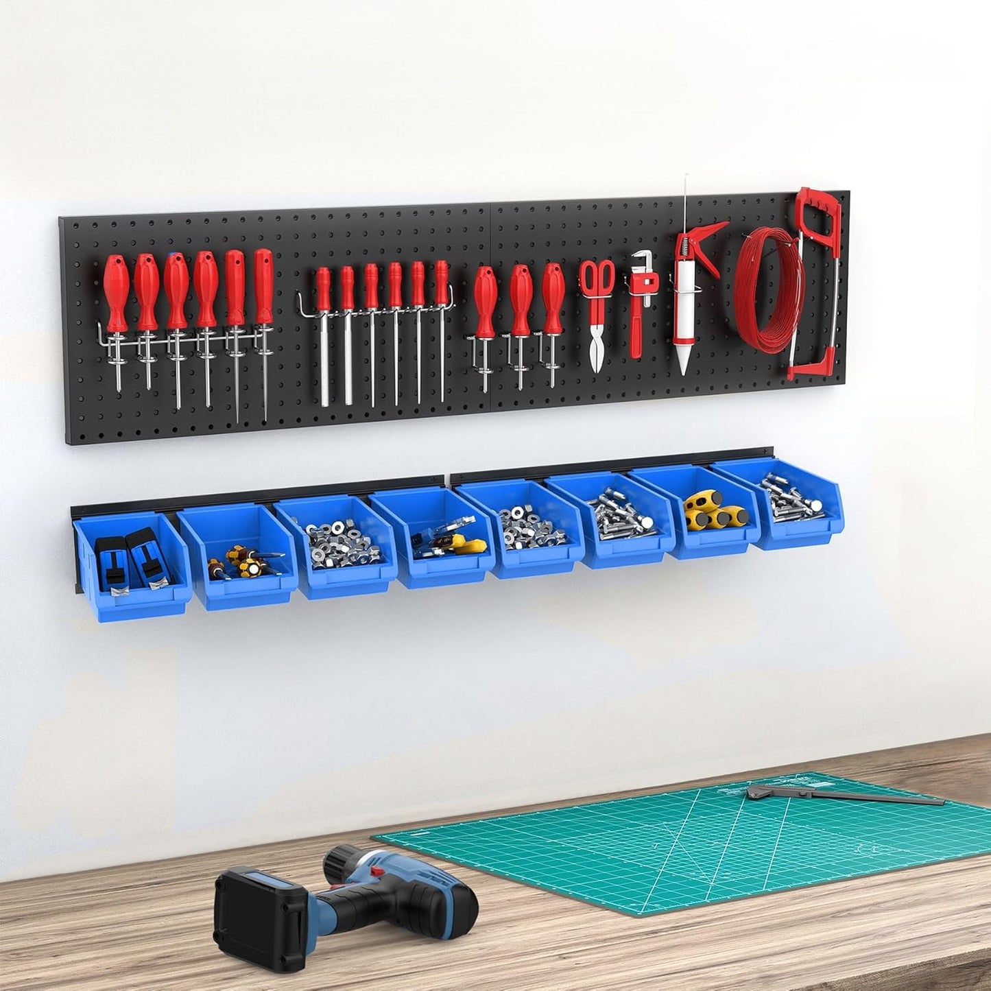 TORACK Wall-Mounted Storage Bins - 8 Plastic Bins & 2 Metal Tracks for Tools Organization in Garage, Craft Room, and Shop(Blue)