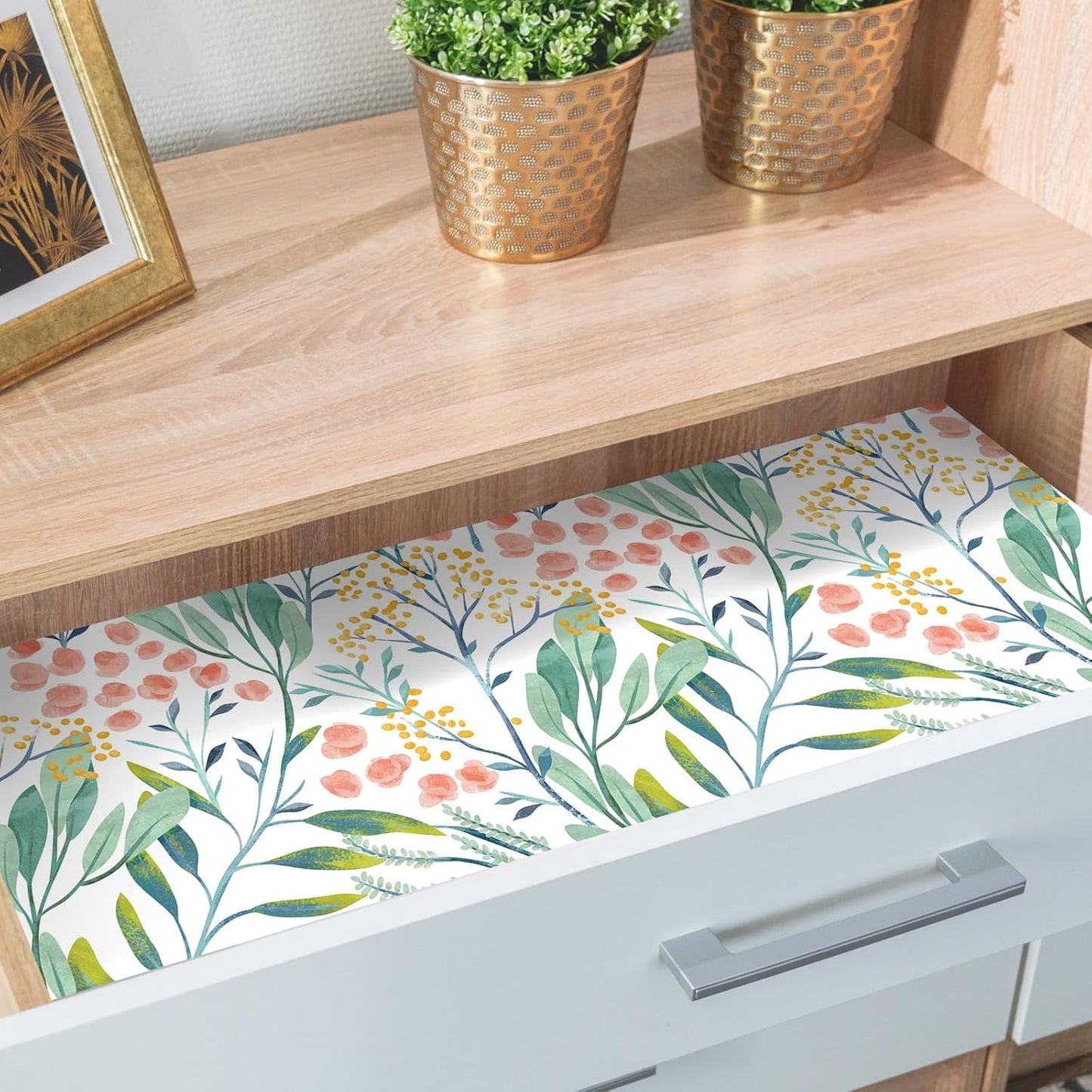 HAOKHOME Shelf Liner and Cabinet Liner Boho Flroal, Self-Adhesive Drawer Liners, Peel and Stick Contact Paper for Kitchen Cabinets and Cupboard, Bathroom Drawers, White/Green/Pink 17.3in x 6.5ft