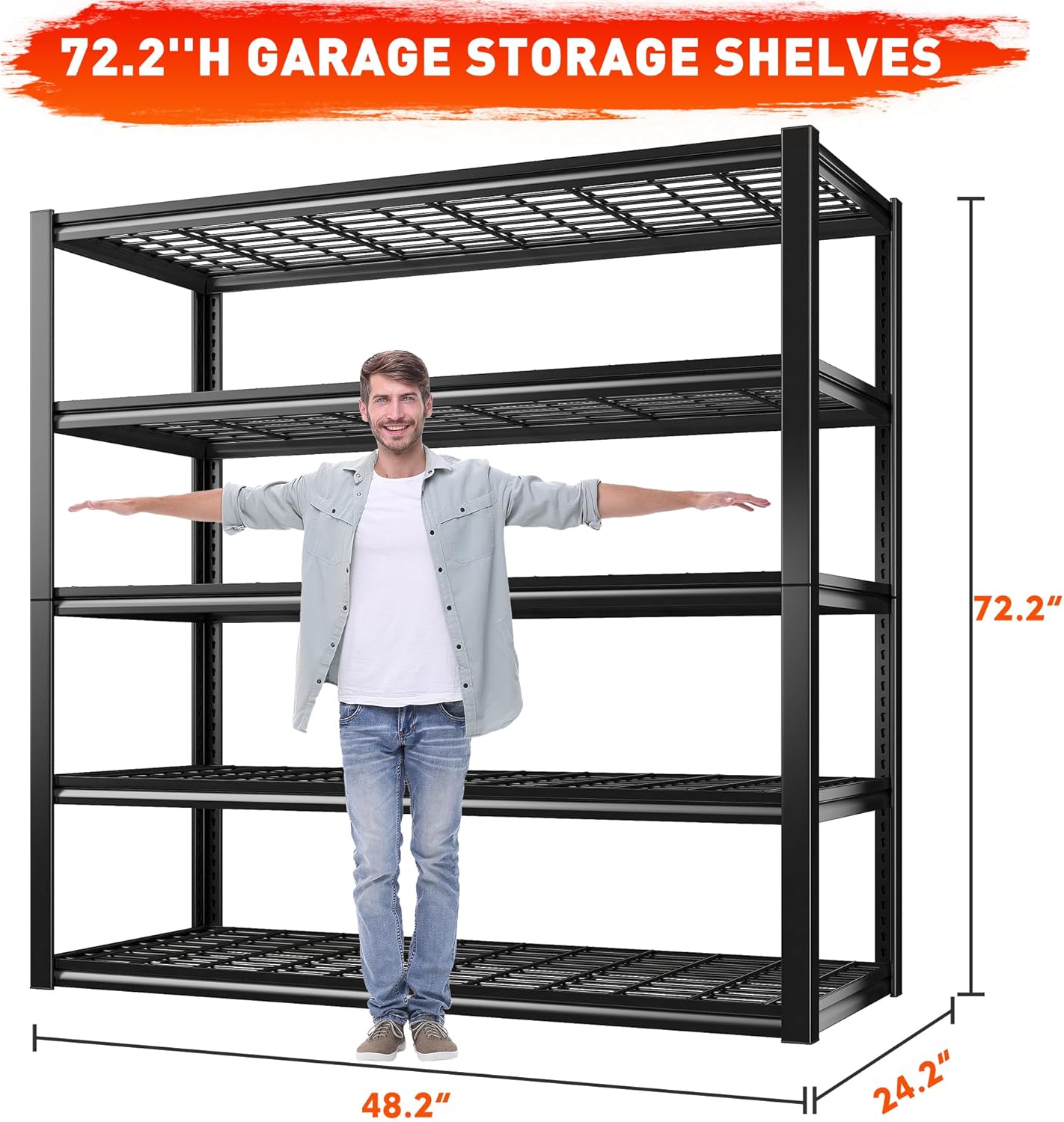 REIBII 48.2''W Garage Shelving Heavy Duty Metal Shelving 3000LBS Storage Shelves Adjustable Metal Shelves 5 Tier Garage Shelf for Basement Pantry Warehouse Supermarket 48.2" W x 24.2" D x 72.2" H