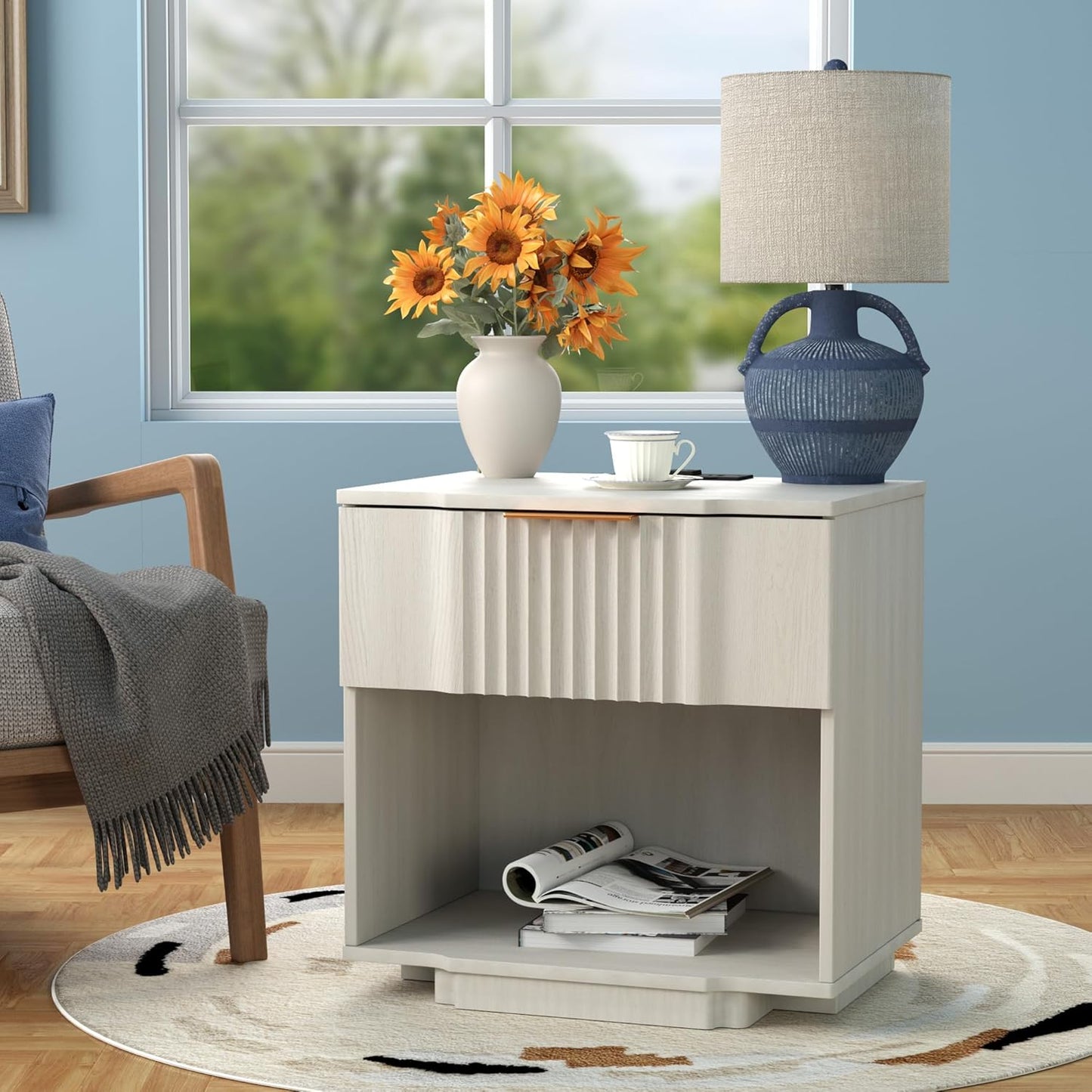 Yechen Fluted Night Stand Set 2 with 20W Fast Charging Station - Large Wood Nightstands with Storage Drawer & Shelf, Modern Wide Bedside End Tables for Bedroom with Curved Profile Base, White Oak