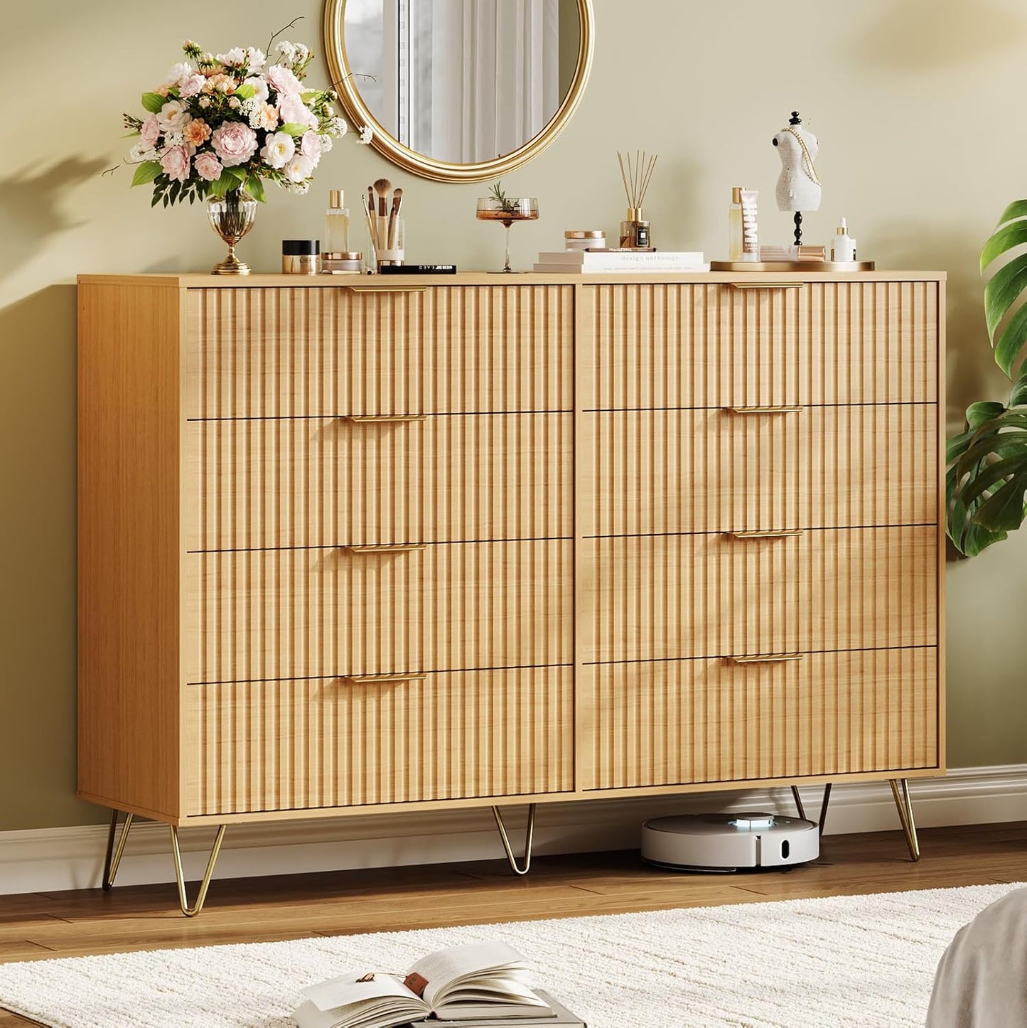 Garvee Fluted Dresser for Bedroom with 8 Drawers,55" Wide Modern Chest of Wooden Bedroom Chest with Metal Handle,Clothes Storage Organizer,Closet Dresser & TV Stand for Living Room,Hallway