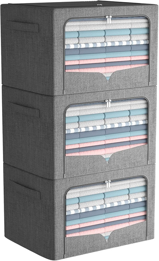 FHSQX 3 Pack Clothes Storage Bins - Foldable Metal Frame Storage Box - Stackable Linen Fabric Container Organizer Set with Carrying Handles and Clear Window (Dark Gray, 19.7x15.7x13inch(66L))