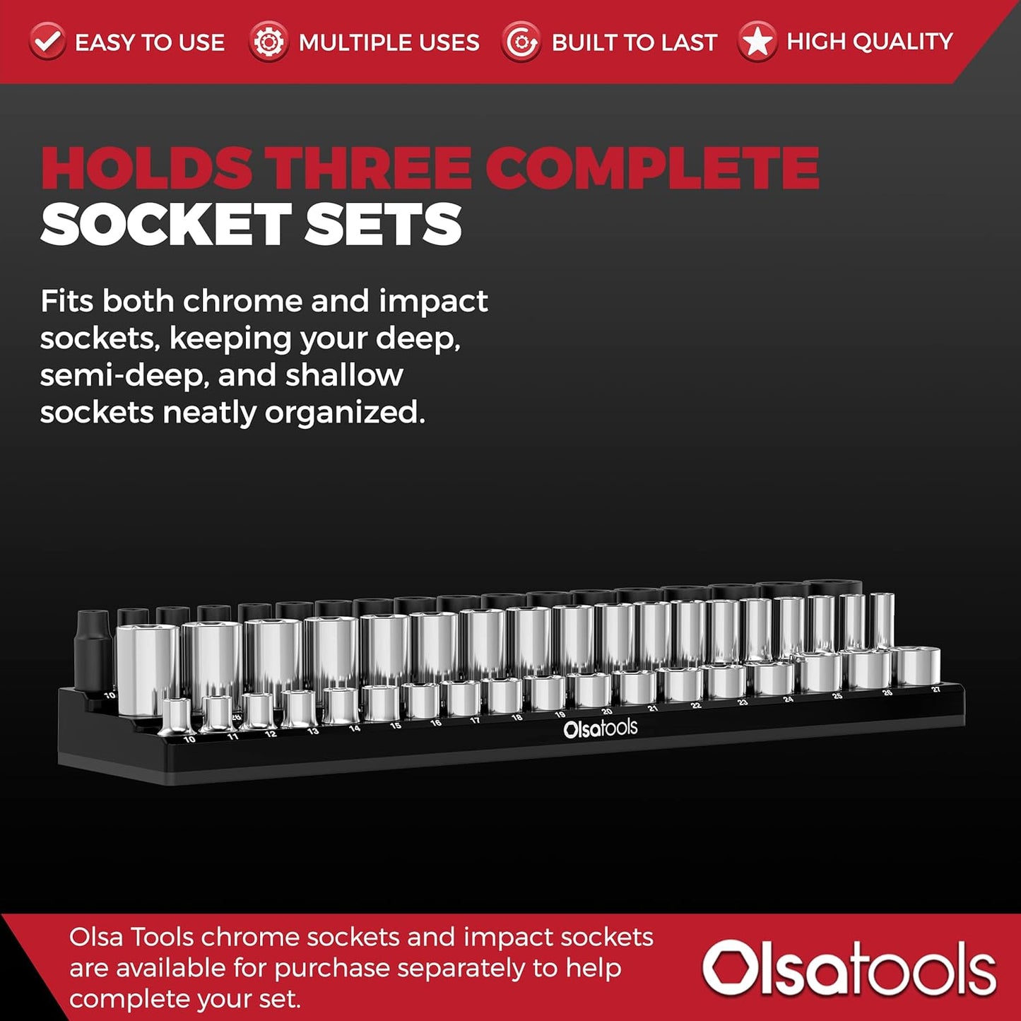 Olsa Tools Magnetic Socket Organizer (1/2-Inch Drive, 3 Row) - Magnetic Tool Organizer & Socket Holder - Tool Box Socket Organizers - Metric Black - Holds 54 Sockets - Professional Grade - Part: 1552
