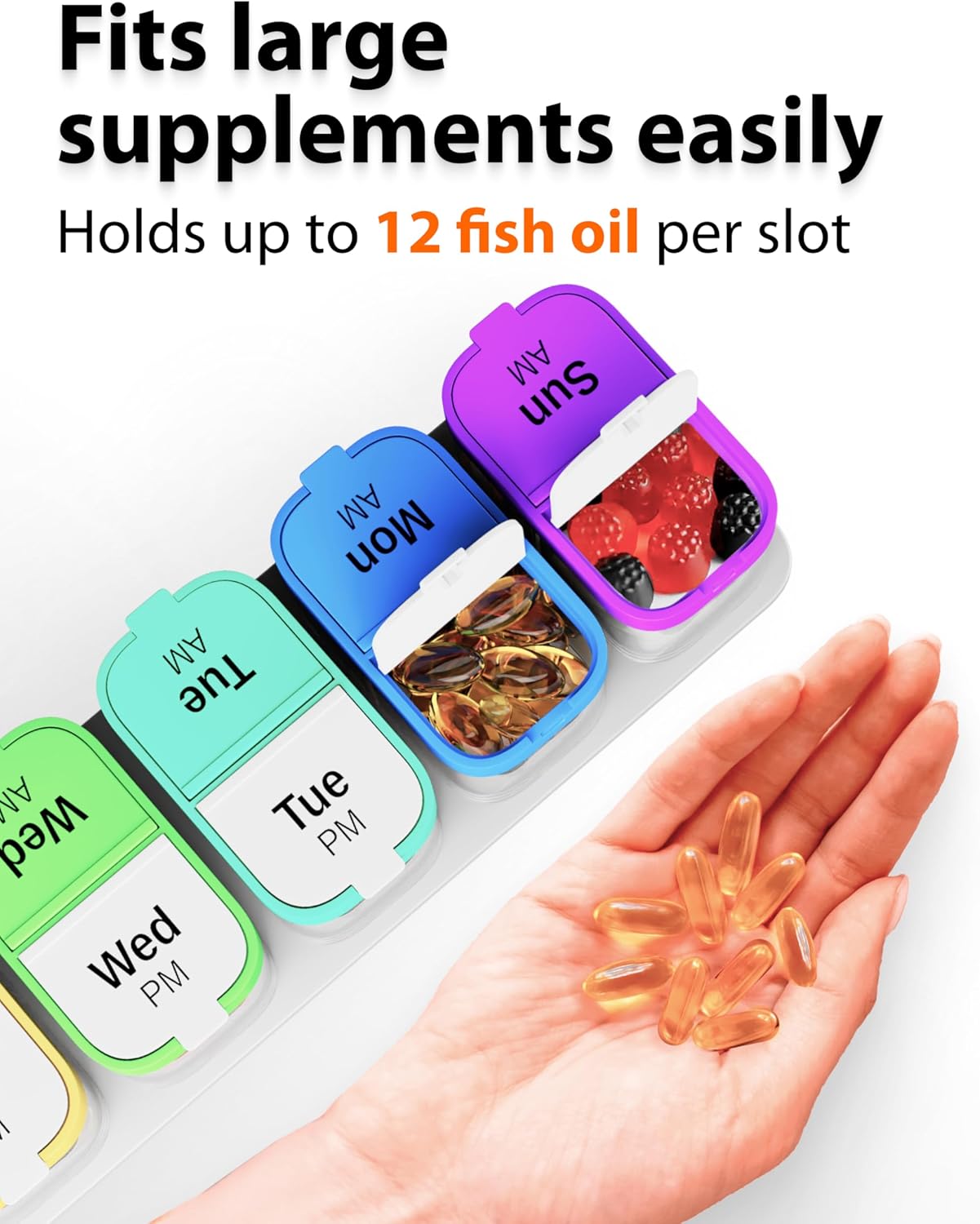 Extra Large Weekly Pill Organizer - XL Vitamin Holder with 7 Detachable AM PM Compartments - Portable Medicine Dispenser for Home and Travel, Big Supplement Container for Weekly or Daily Use, Rainbow
