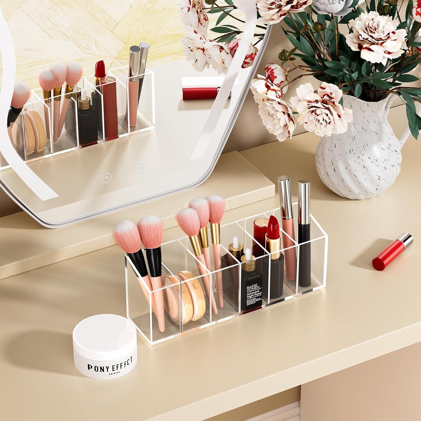 Acrylic 6-Compartment Makeup Organizer 2PCS, Transparent Plastic Makeup Brush Holder, Perfect Bathroom Vanity Storage Solution for Makeup Brushes, Eyebrow Pencils, and More
