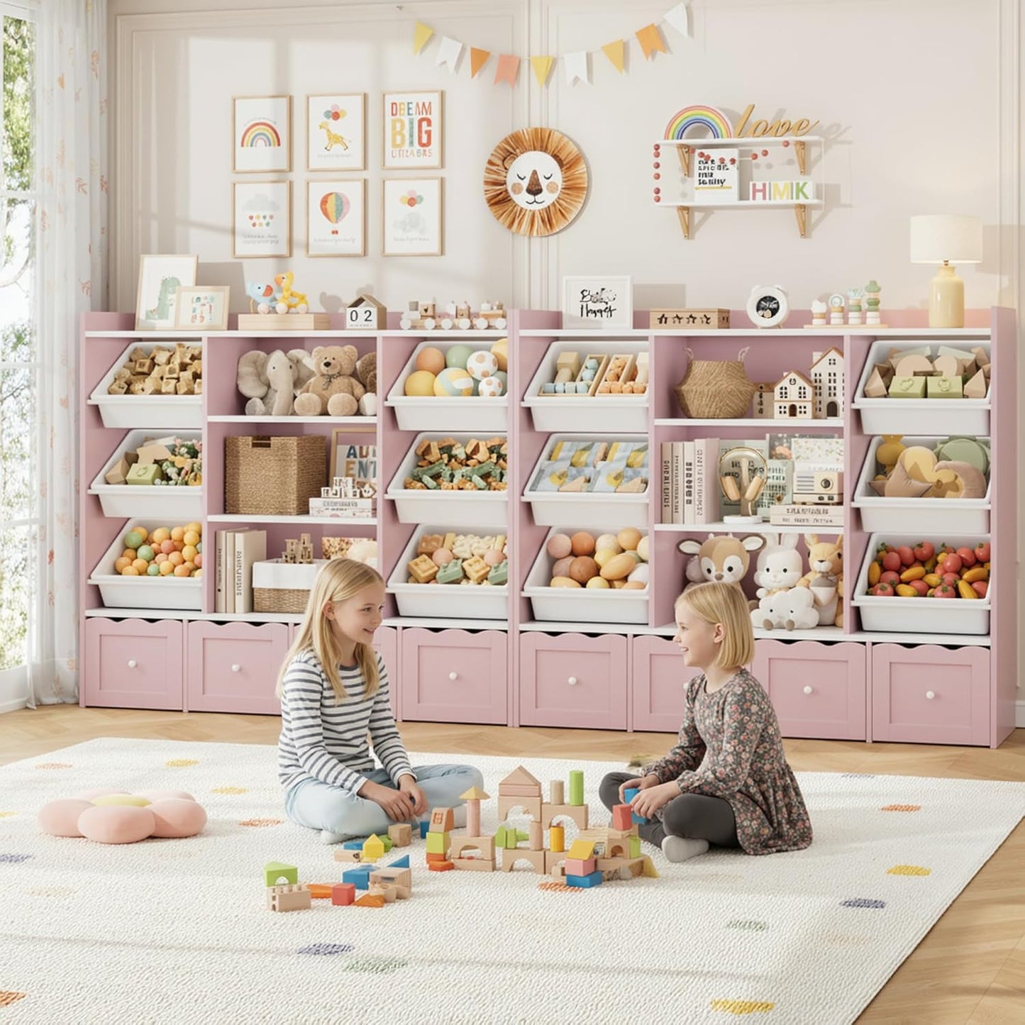 HITHOS 55" W Kids Toy Storage Organizer, Large Toy Box with Bookshelf, Toy Chest with 3 Cubes Storage Organizer, 6 Toy Organizers and Storage Bins, 4 Rolling Drawers for Kids Room, Playroom, Pink