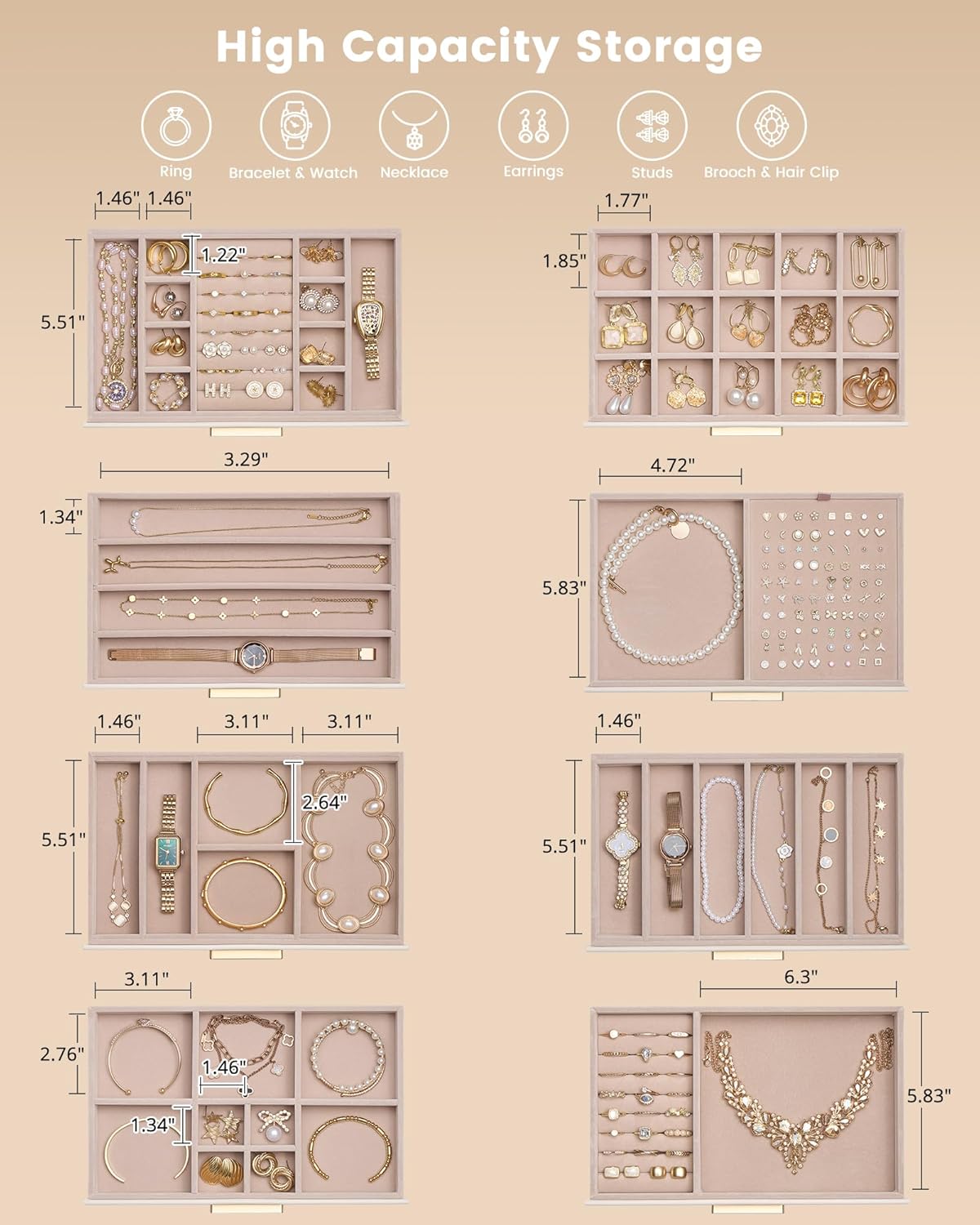 Lolalet Jewelry Box Organizer, 8-Layer Jewelry Organizers and Storage Case with Glass Lid, Ring Earring Bracelet Necklace Holder Organizer, Birthday Christmas Gifts for Women Girls -8Layer, Beige