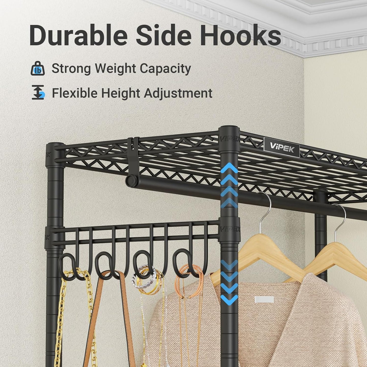 VIPEK V4 Heavy Duty Clothing Rack for Hanging Clothes 810lbs Load Capacity, Double Rod Garment Rack with Adjustable Shelves & Side Hooks, Metal Wardrobe Closet System Easy to Assemble, (Black)