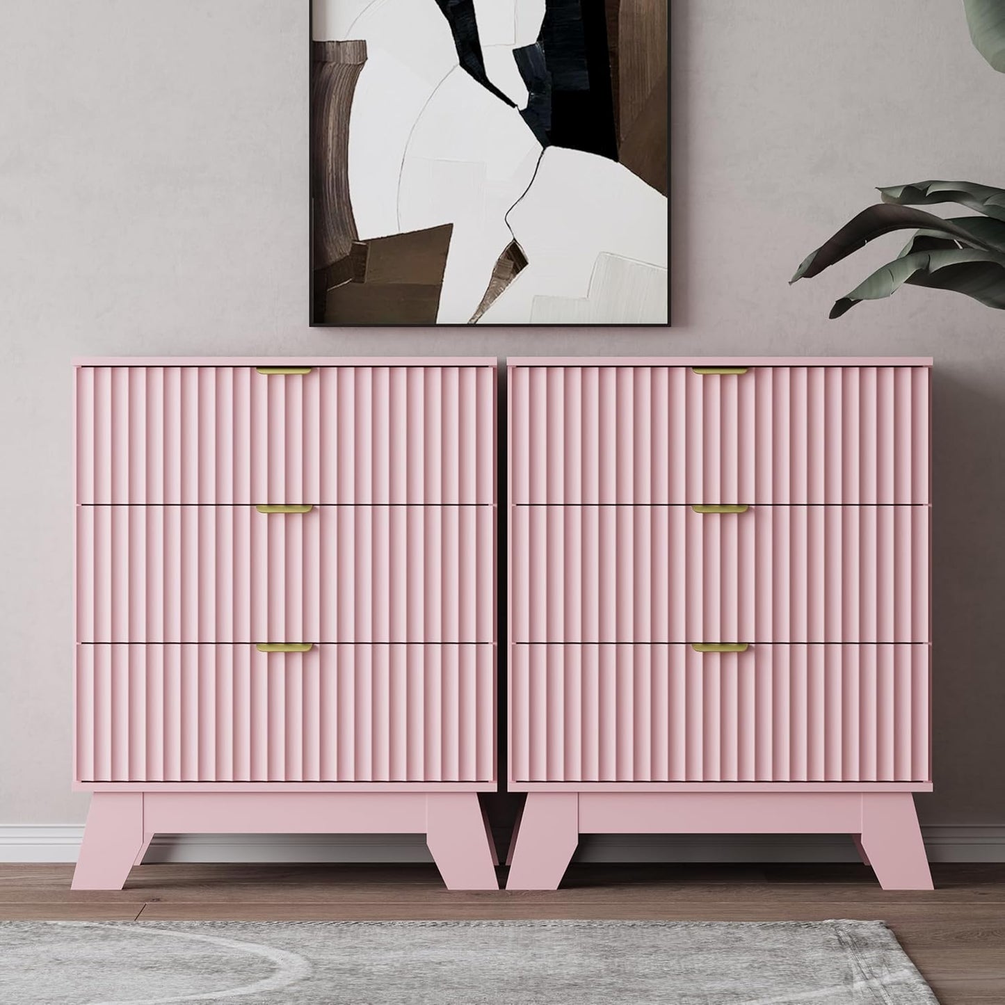 Night Stand Set 2, Bedside Table & End Table, Mid Century Modern Fluted Wood Nightstand with 3 Drawers & Metal Handles, Farmhouse Nightstand for Bedroom, Pink