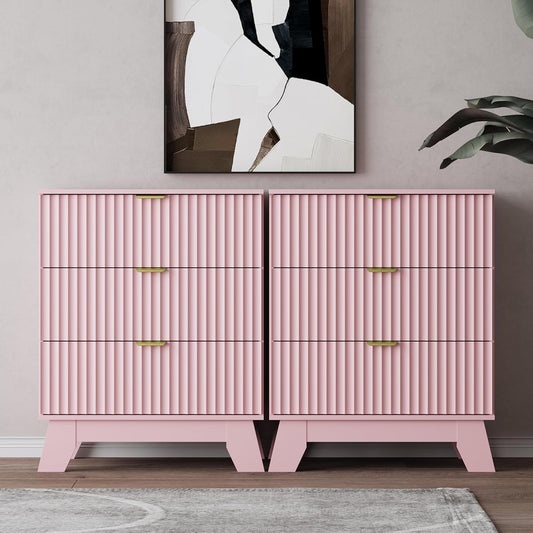 Night Stand Set 2, Bedside Table & End Table, Mid Century Modern Fluted Wood Nightstand with 3 Drawers & Metal Handles, Farmhouse Nightstand for Bedroom, Pink